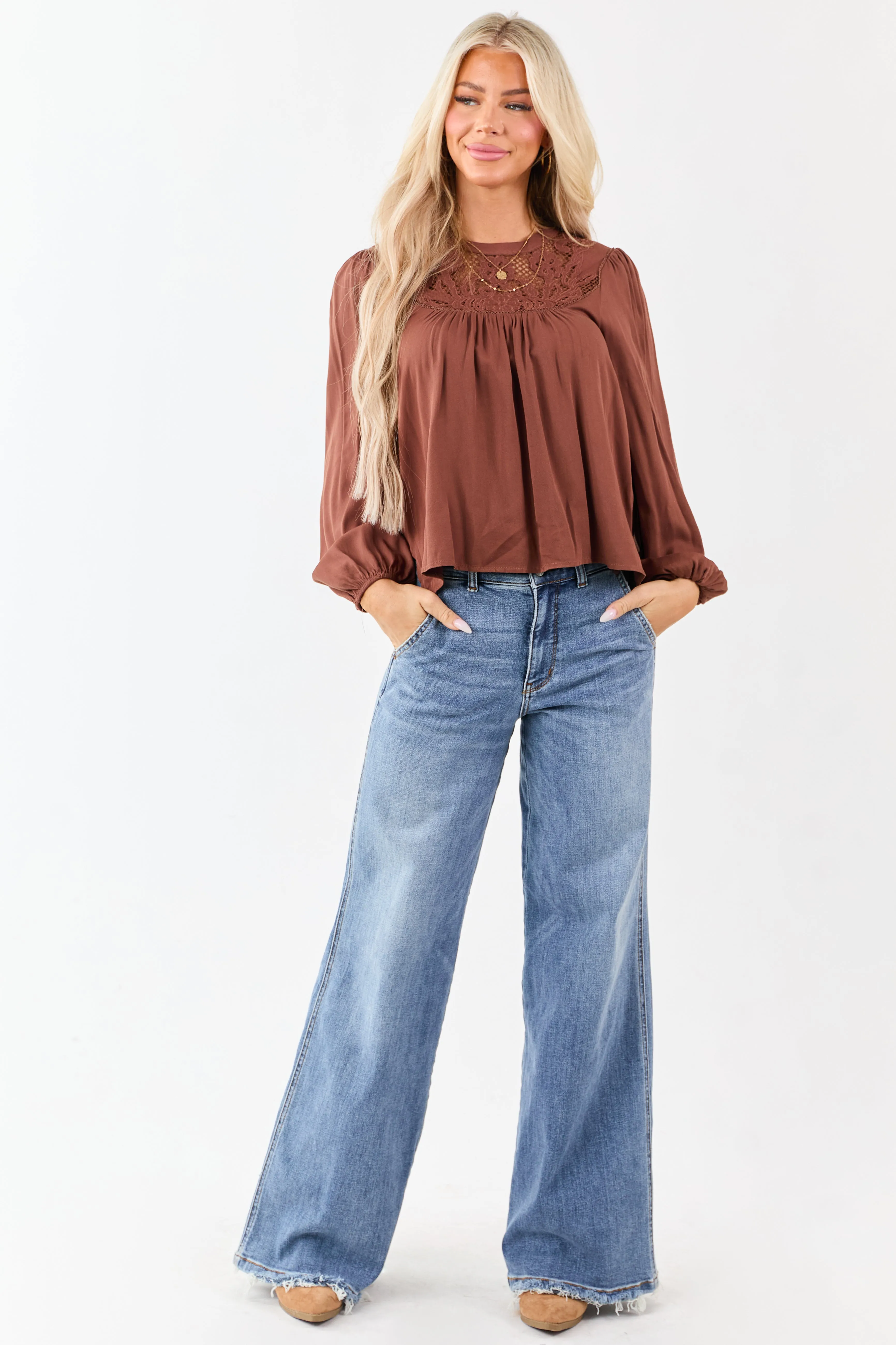 Spice Embroidered Floral Lace Yoke Puff Sleeve Top sold by Lime Lush product image thumbnail 2