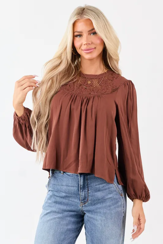 Spice Embroidered Floral Lace Yoke Puff Sleeve Top sold by Lime Lush