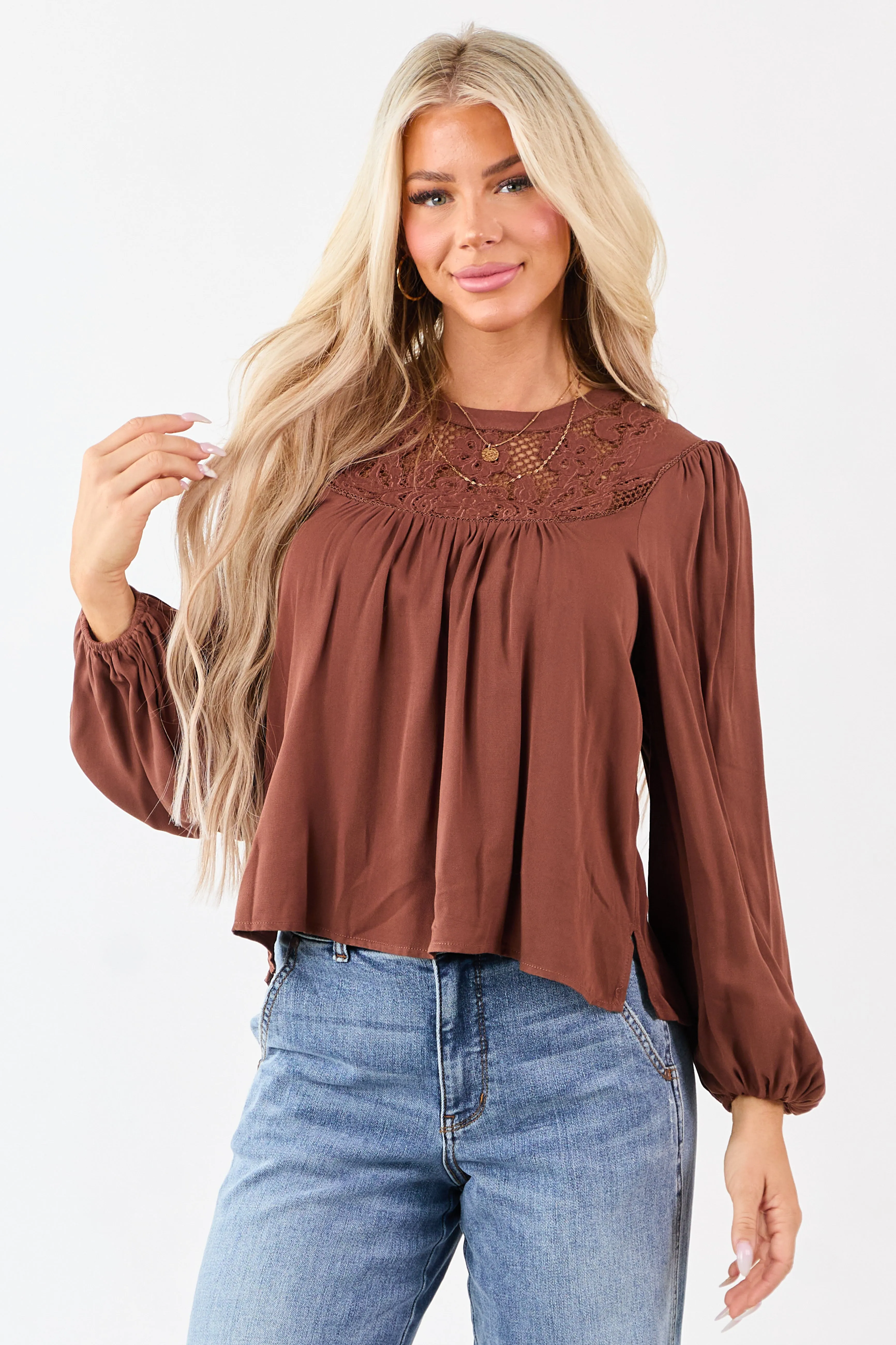 Spice Embroidered Floral Lace Yoke Puff Sleeve Top sold by Lime Lush