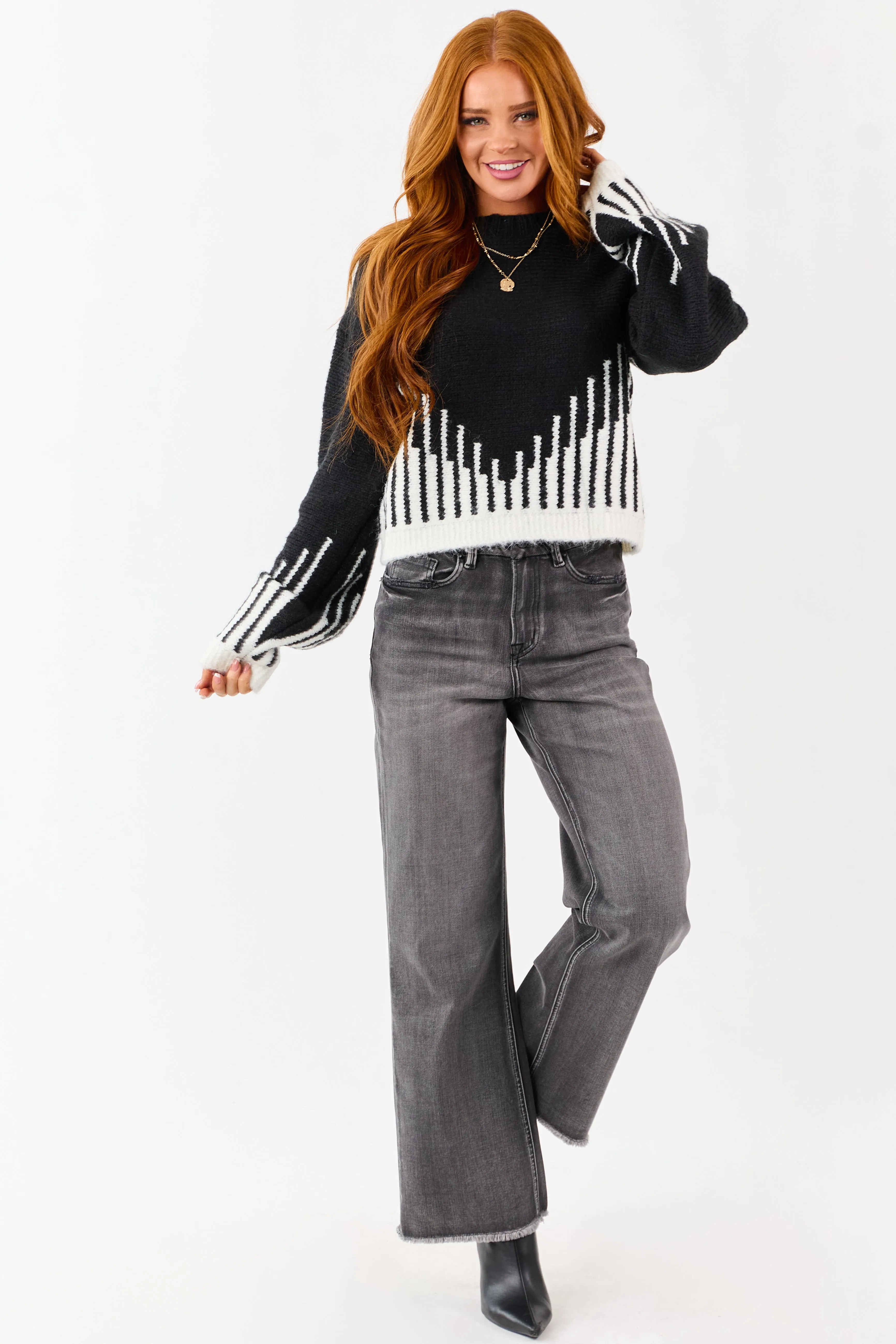 Black and Ivory Abstract Print Knit Sweater sold by Lime Lush product image thumbnail 3