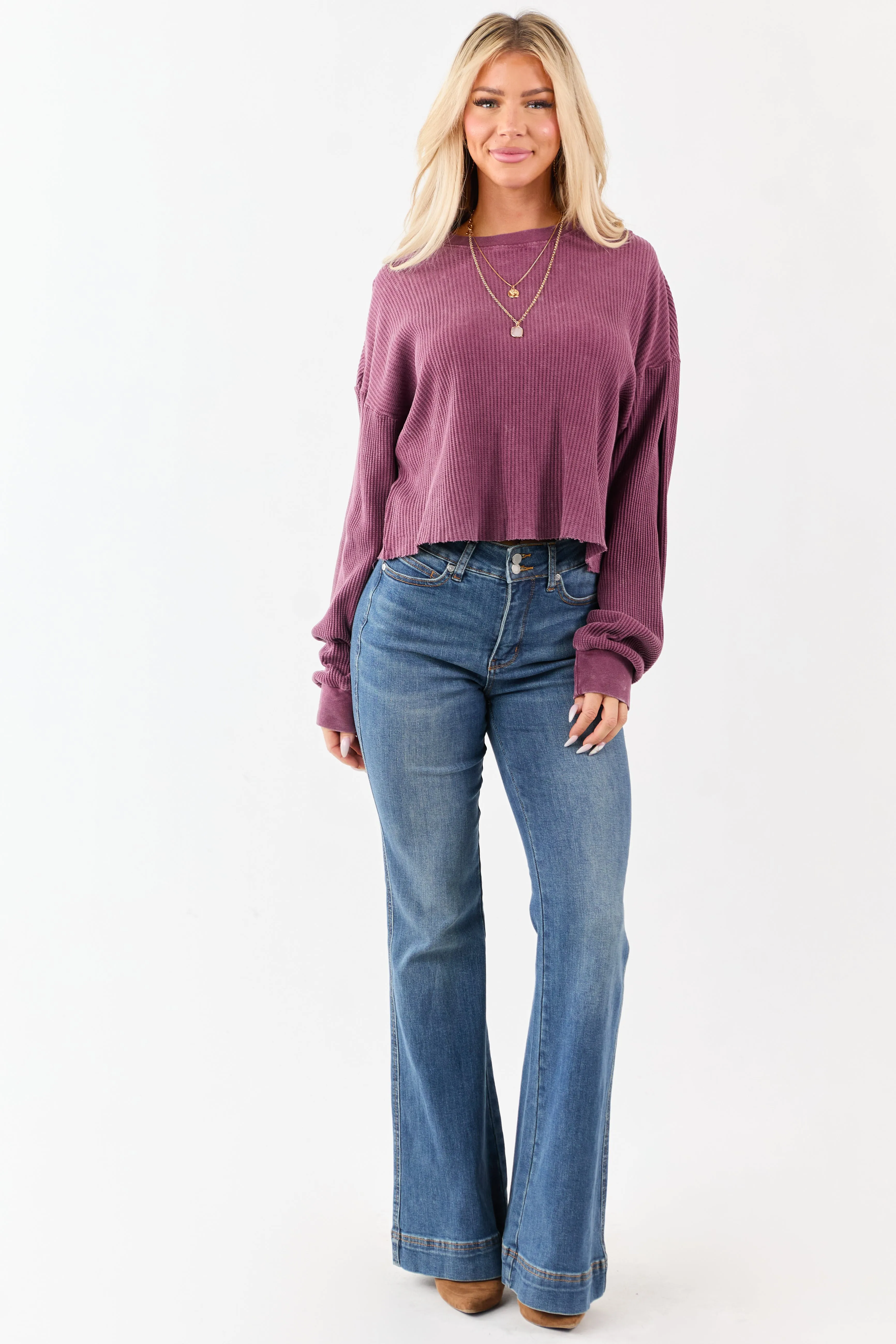 Boysenberry Waffle Knit Long Sleeve Cotton Top sold by Lime Lush product image thumbnail 2