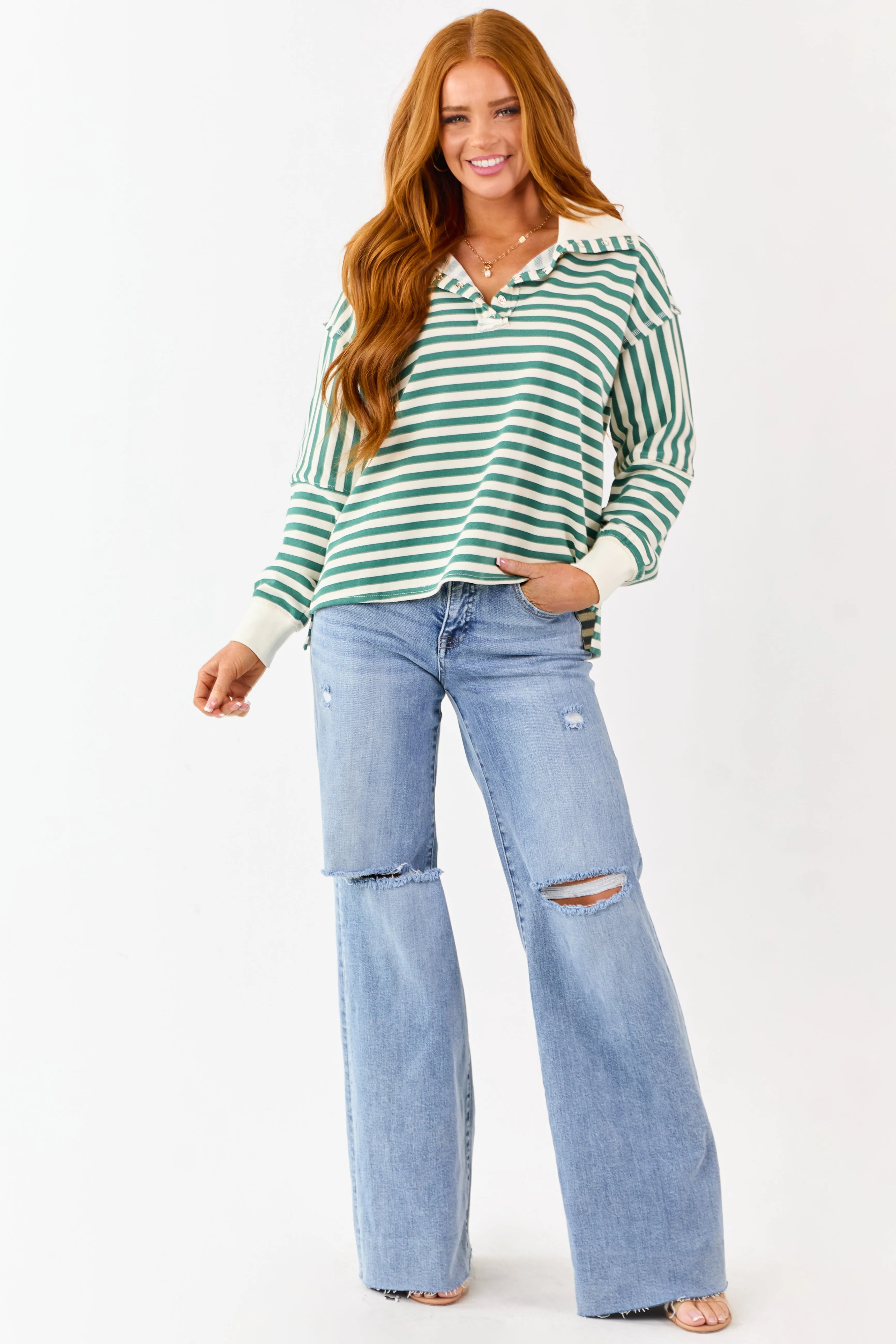 Pine and Cream Striped Henley Top sold by Lime Lush product image thumbnail 2