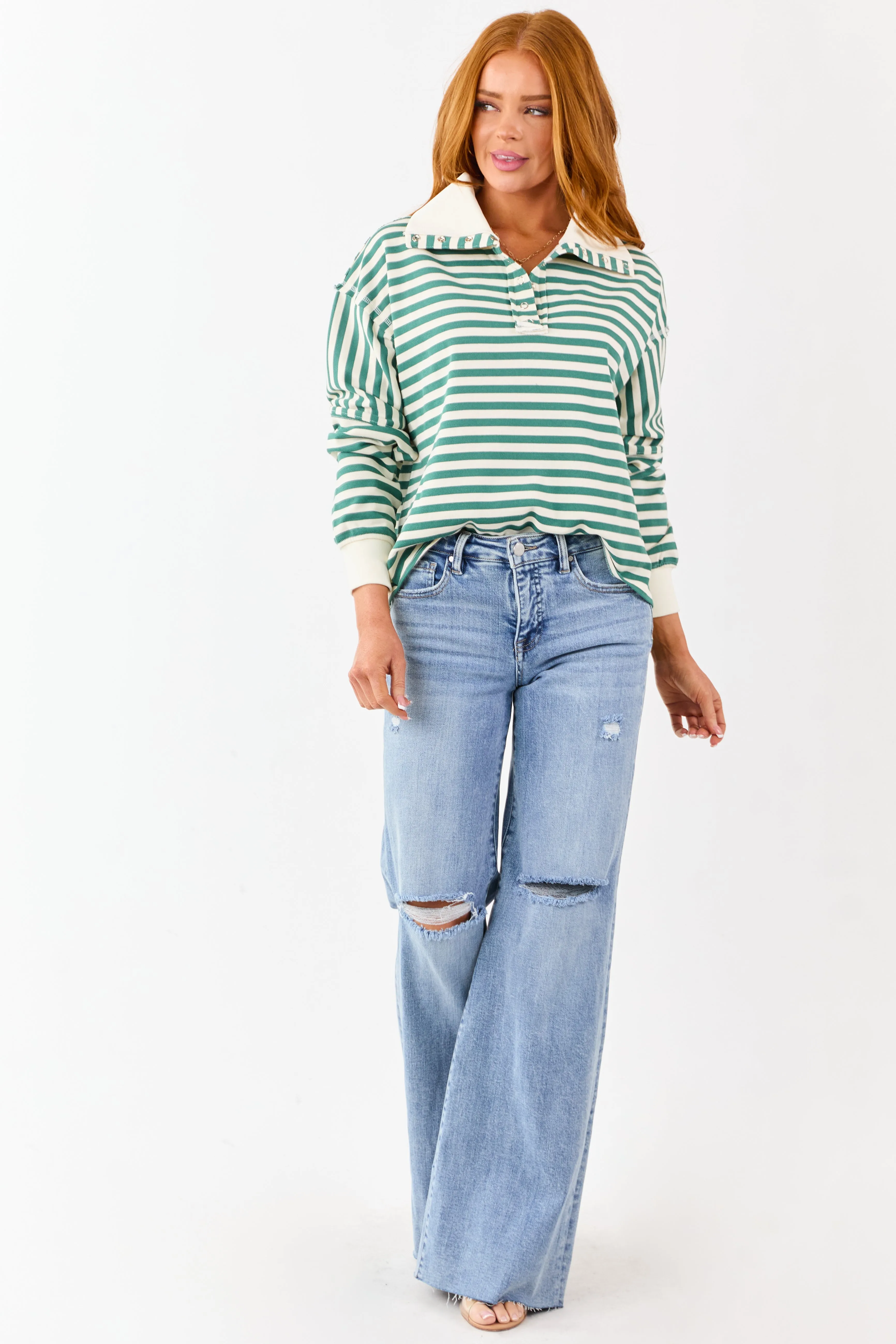 Pine and Cream Striped Henley Top sold by Lime Lush product image thumbnail 3