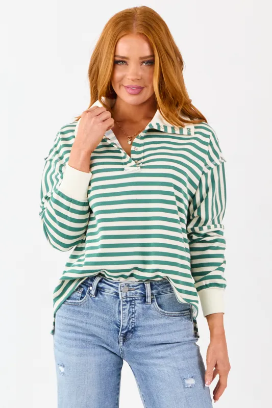 Pine and Cream Striped Henley Top made by mittoshop