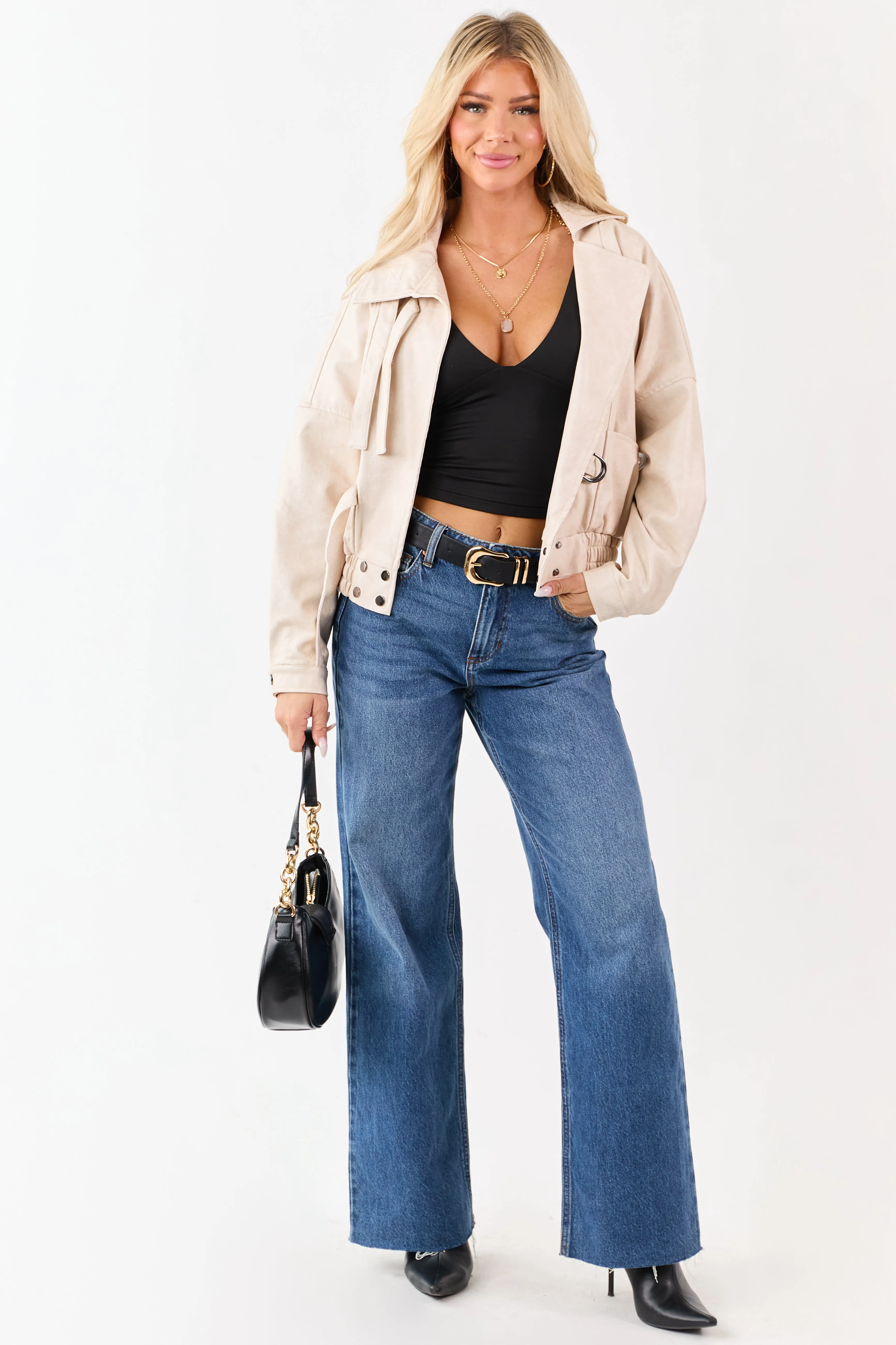 Champagne Faux Leather Strap Closure Collared Jacket sold by Lime Lush product image thumbnail 4