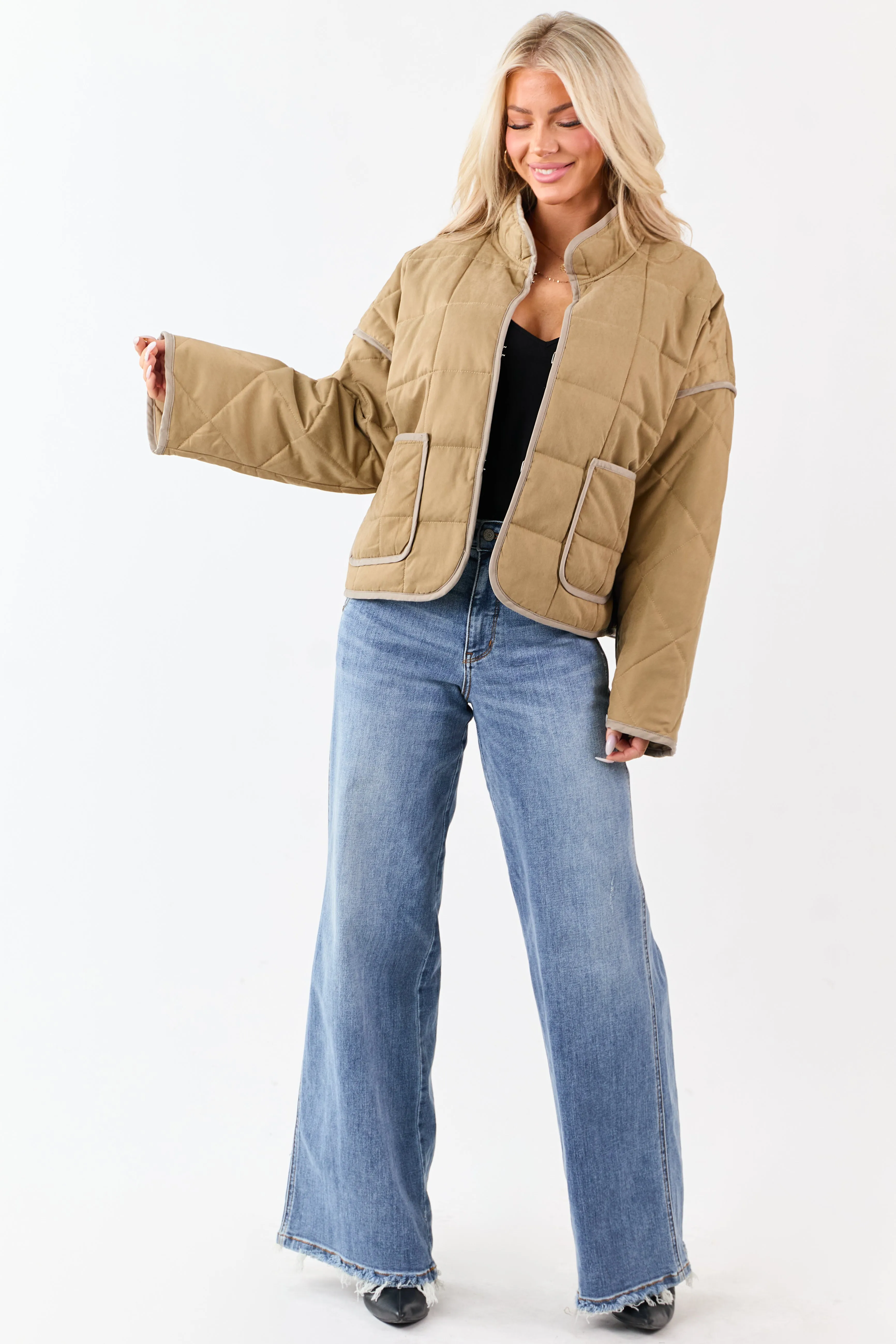 Sand Quilted Contrast Piping Detail Puffer Jacket sold by Lime Lush product image thumbnail 3