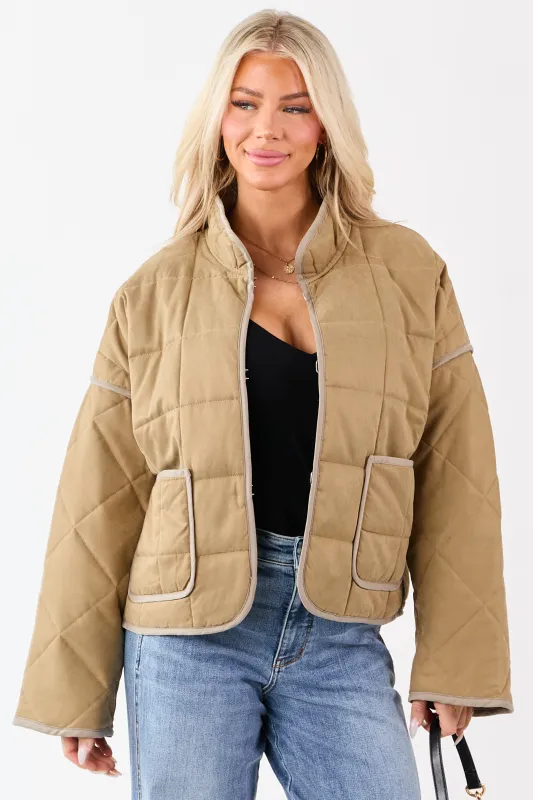 Sand Quilted Contrast Piping Detail Puffer Jacket sold by Lime Lush