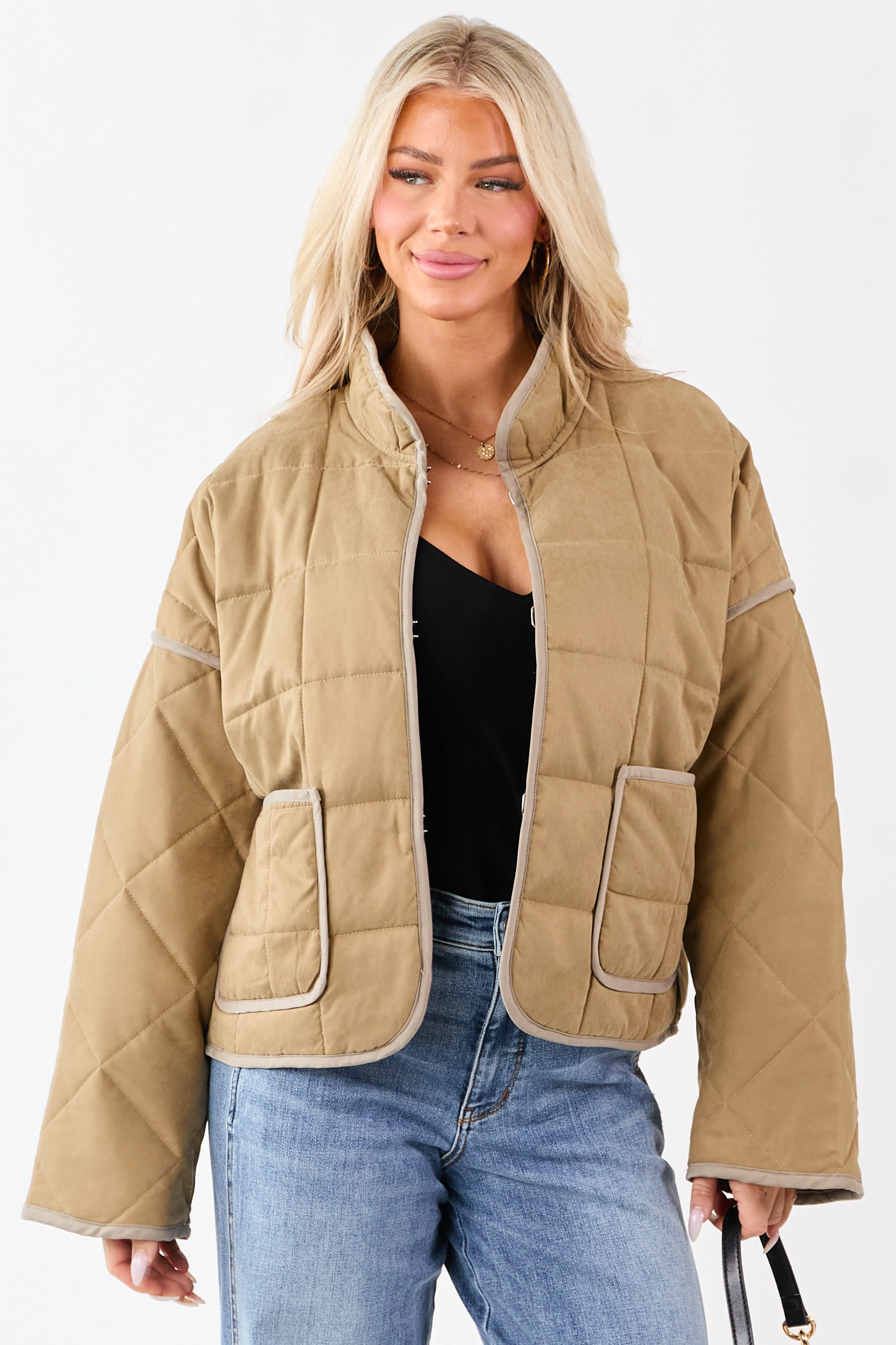 Sand Quilted Contrast Piping Detail Puffer Jacket sold by Lime Lush