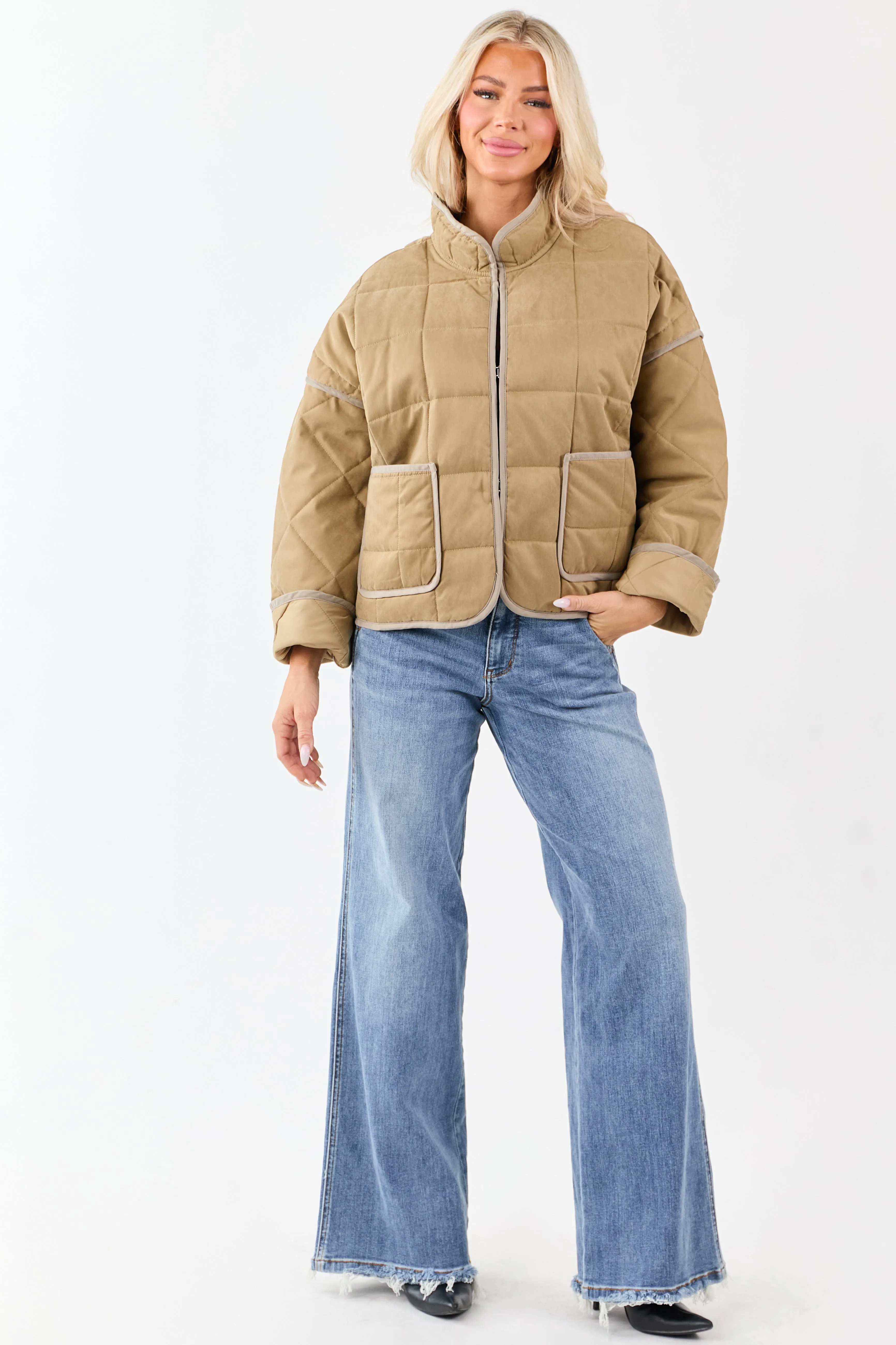 Sand Quilted Contrast Piping Detail Puffer Jacket sold by Lime Lush product image thumbnail 4