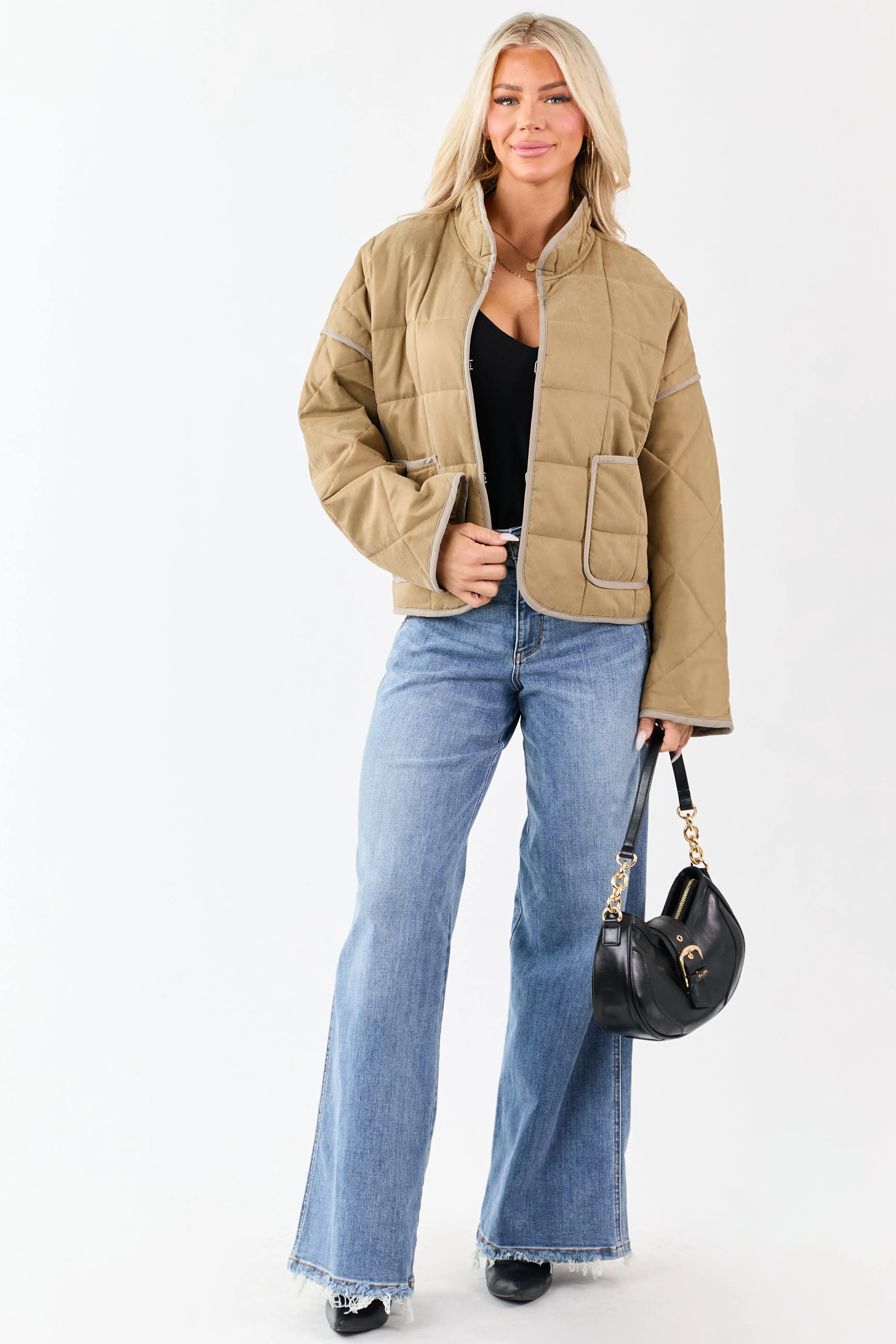 Sand Quilted Contrast Piping Detail Puffer Jacket sold by Lime Lush product image thumbnail 2