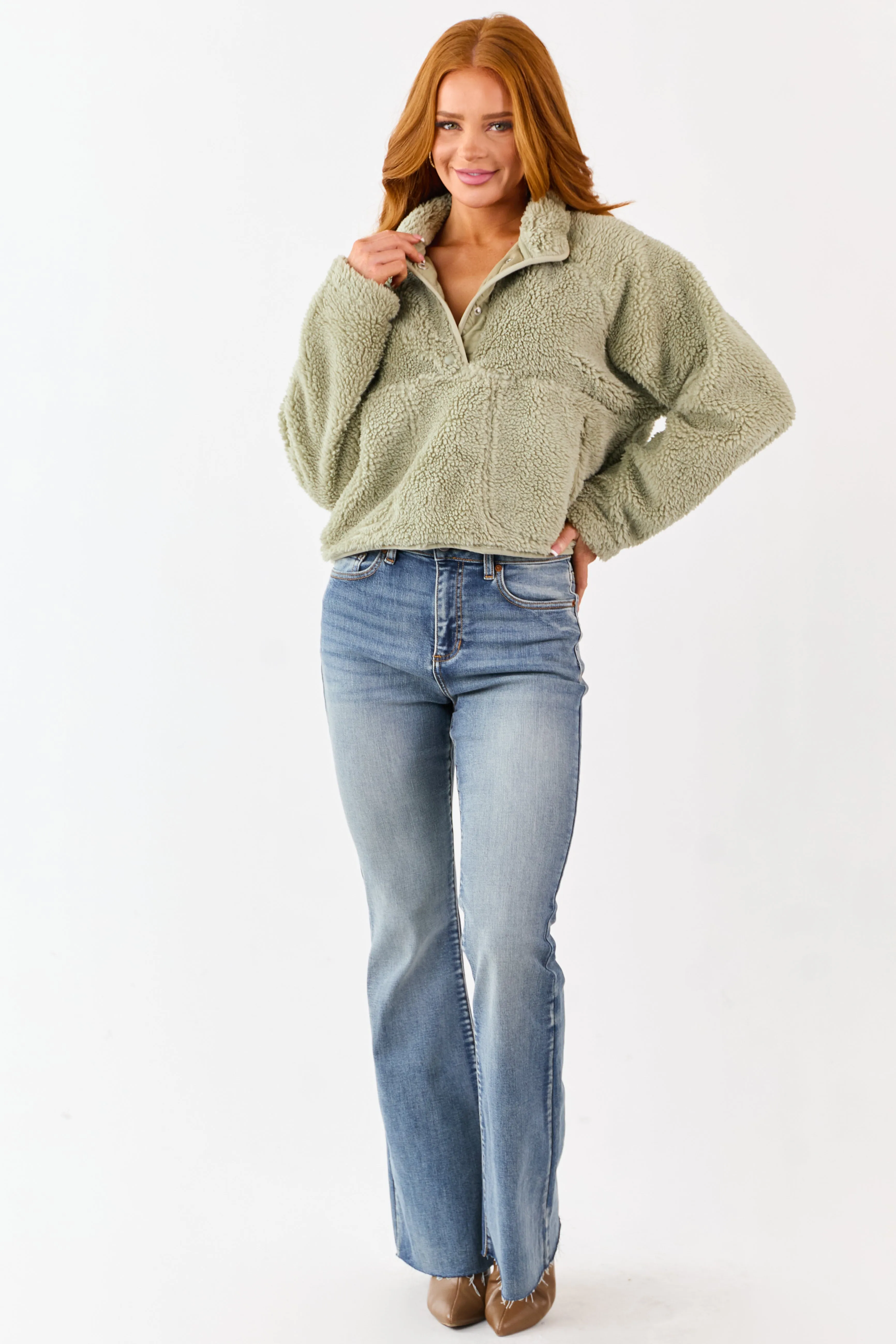 Sage Half Snap Button Sherpa Pullover Jacket sold by Lime Lush product image thumbnail 2