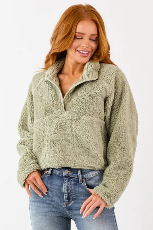 Sage Half Snap Button Sherpa Pullover Jacket sold by Lime Lush