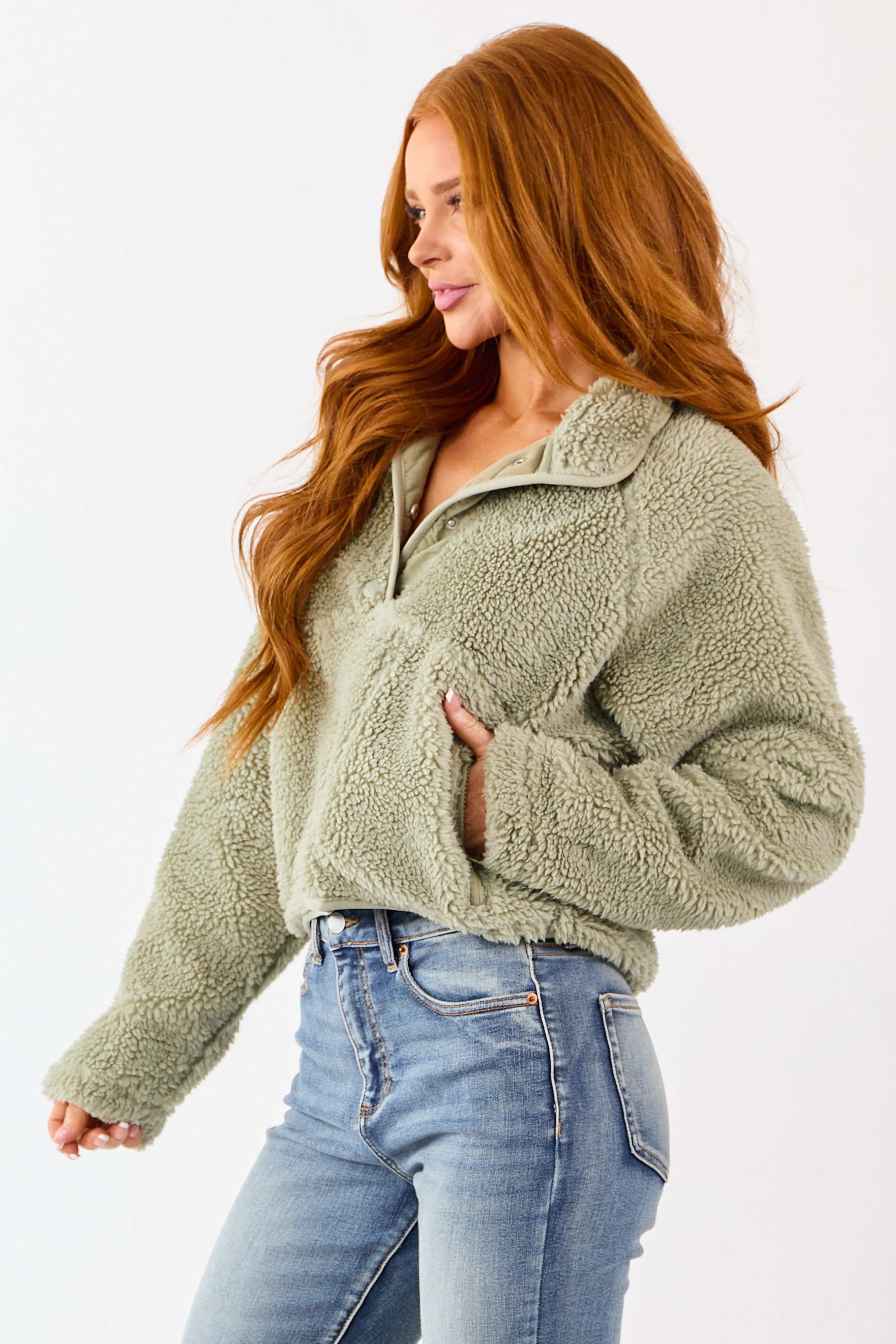 Sage Half Snap Button Sherpa Pullover Jacket sold by Lime Lush product image thumbnail 4