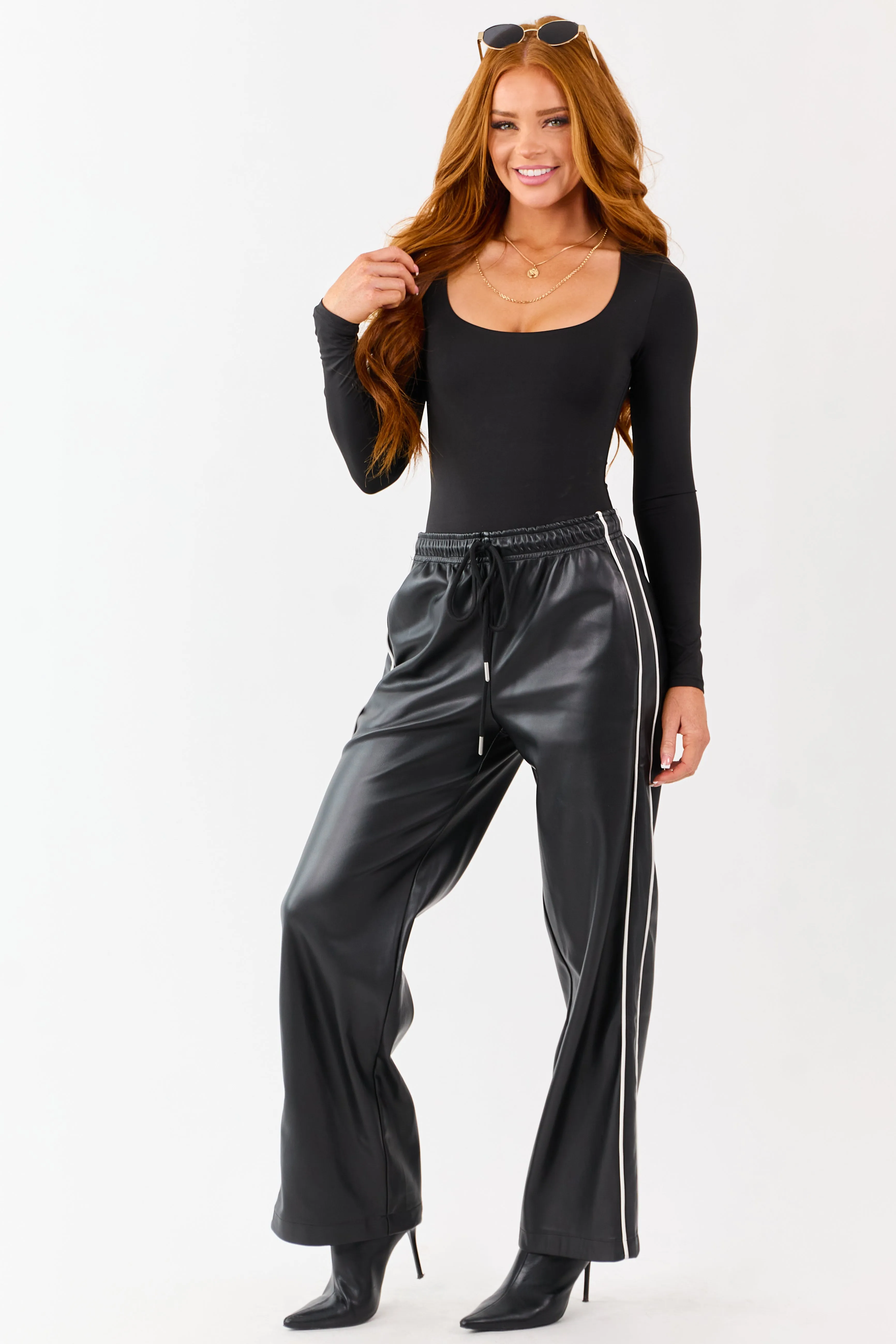 Black Faux Leather Side Line Drawstring Pants sold by Lime Lush
