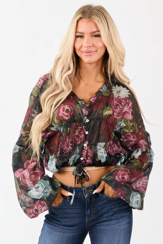 Black Chiffon Sheer Floral Metallic Swiss Dot Top sold by Lime Lush