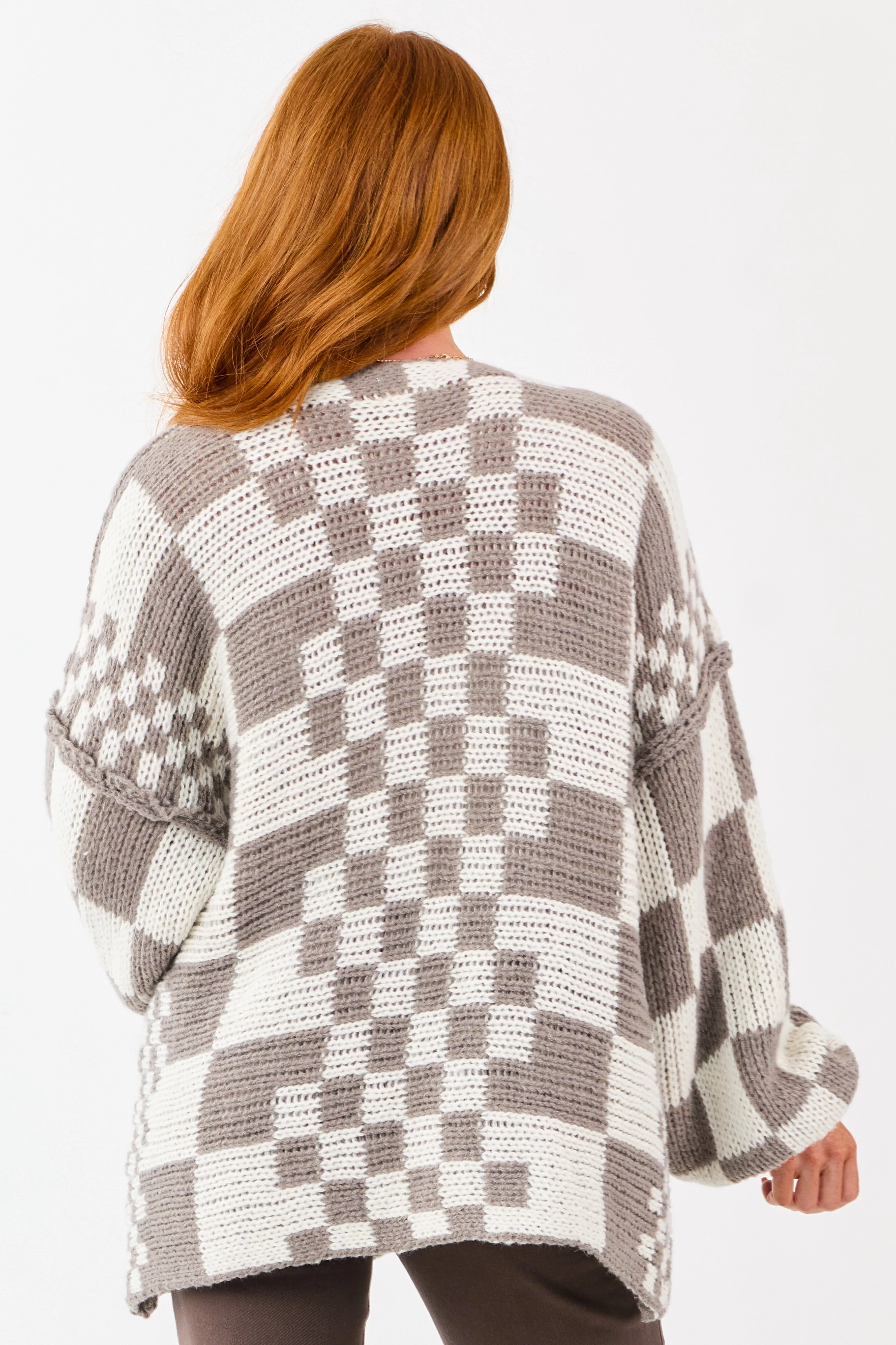 Taupe and Ivory Checkered Chunky Knit Cardigan sold by Lime Lush product image thumbnail 5