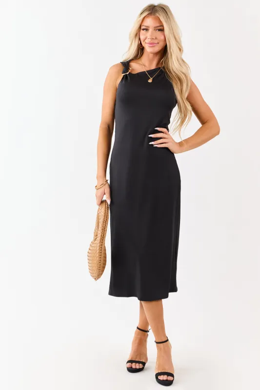 Black Asymmetrical Gold Ring Neck Midi Dress sold by Lime Lush