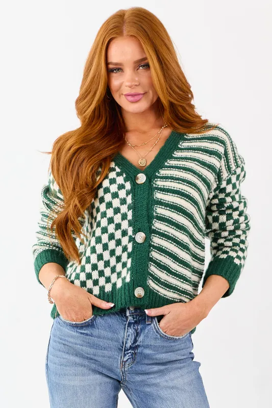 Forest Green Striped and Checkered Cardigan sold by Lime Lush