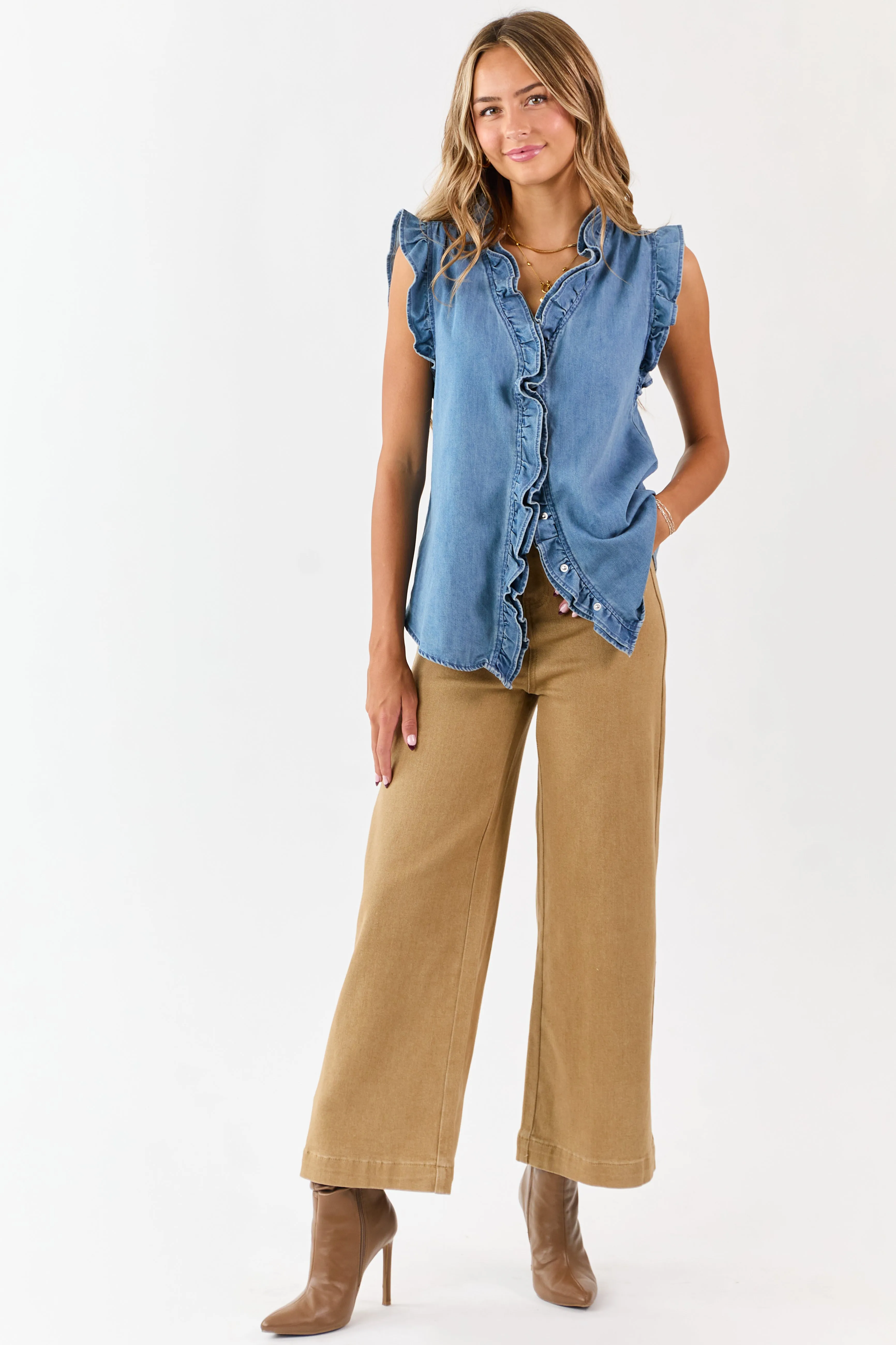 Medium Wash Ruffle Trim Cap Sleeve Denim Top sold by Lime Lush product image thumbnail 2