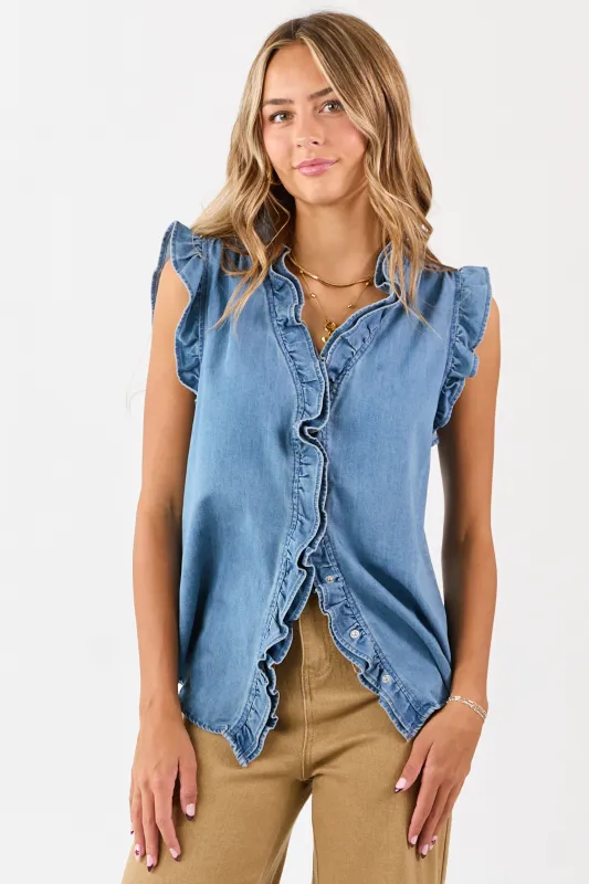 Medium Wash Ruffle Trim Cap Sleeve Denim Top sold by Lime Lush