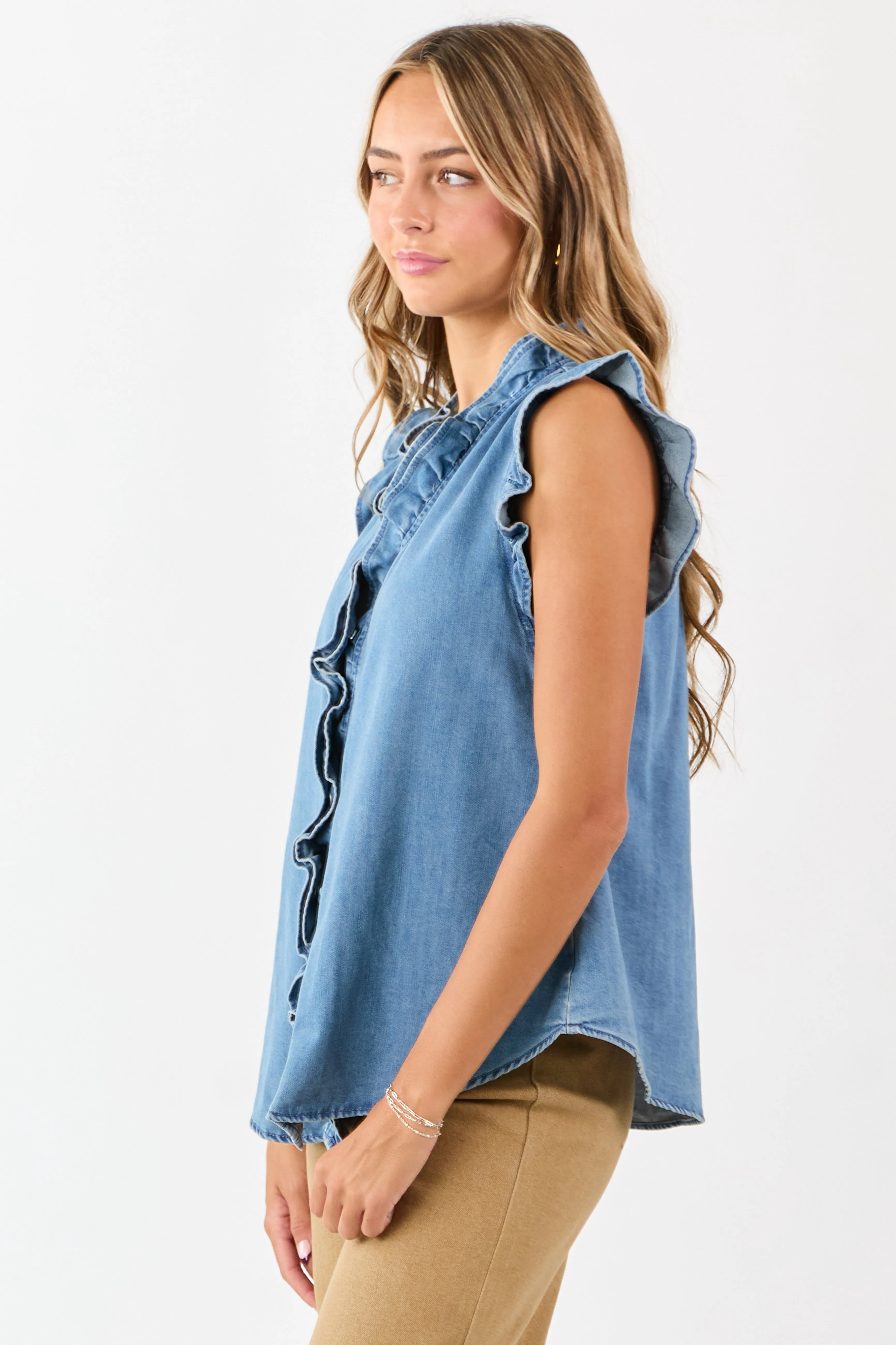 Medium Wash Ruffle Trim Cap Sleeve Denim Top sold by Lime Lush product image thumbnail 4