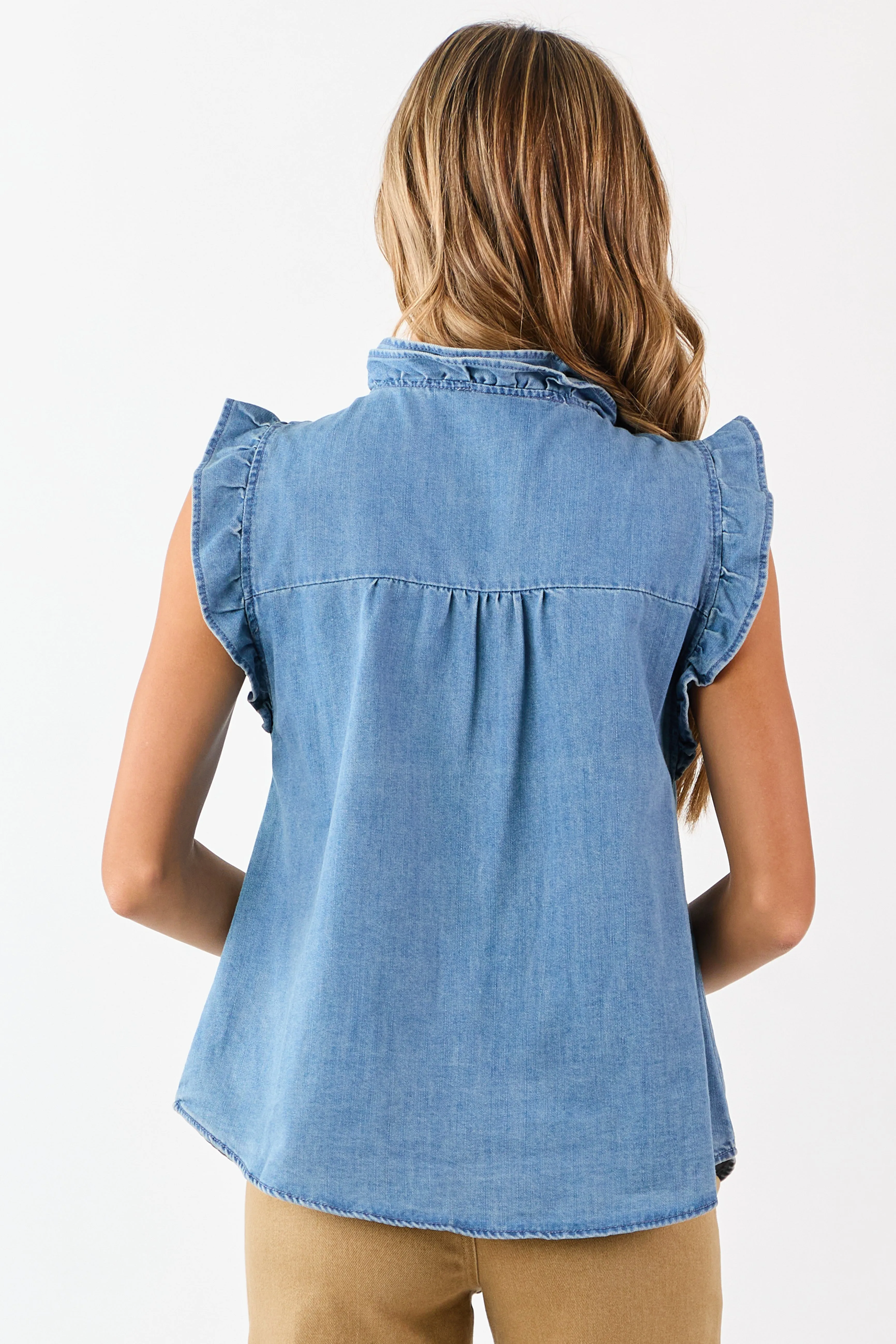 Medium Wash Ruffle Trim Cap Sleeve Denim Top sold by Lime Lush product image thumbnail 5