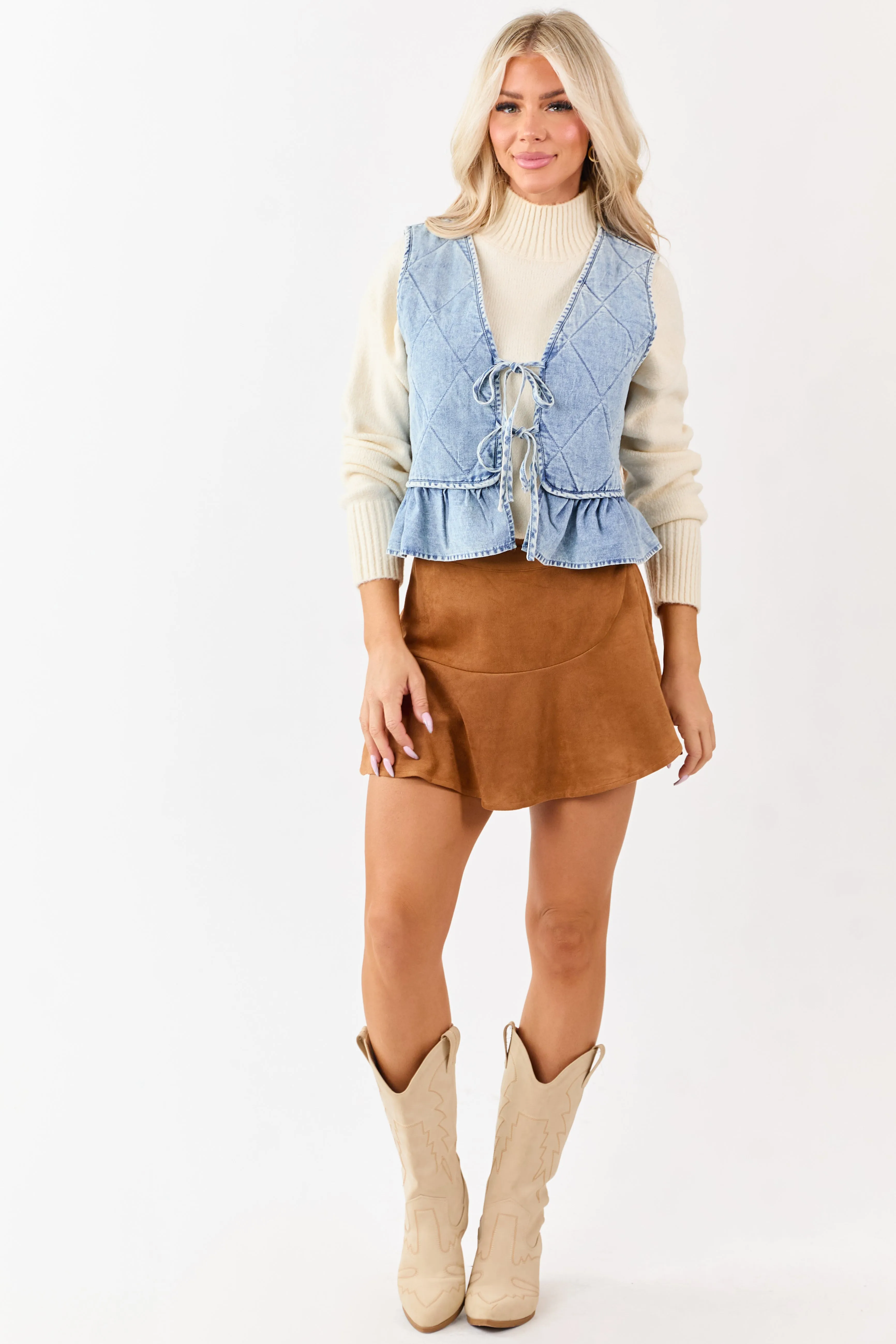 Light Wash Quilted Chambray Front Tie Vest sold by Lime Lush product image thumbnail 3