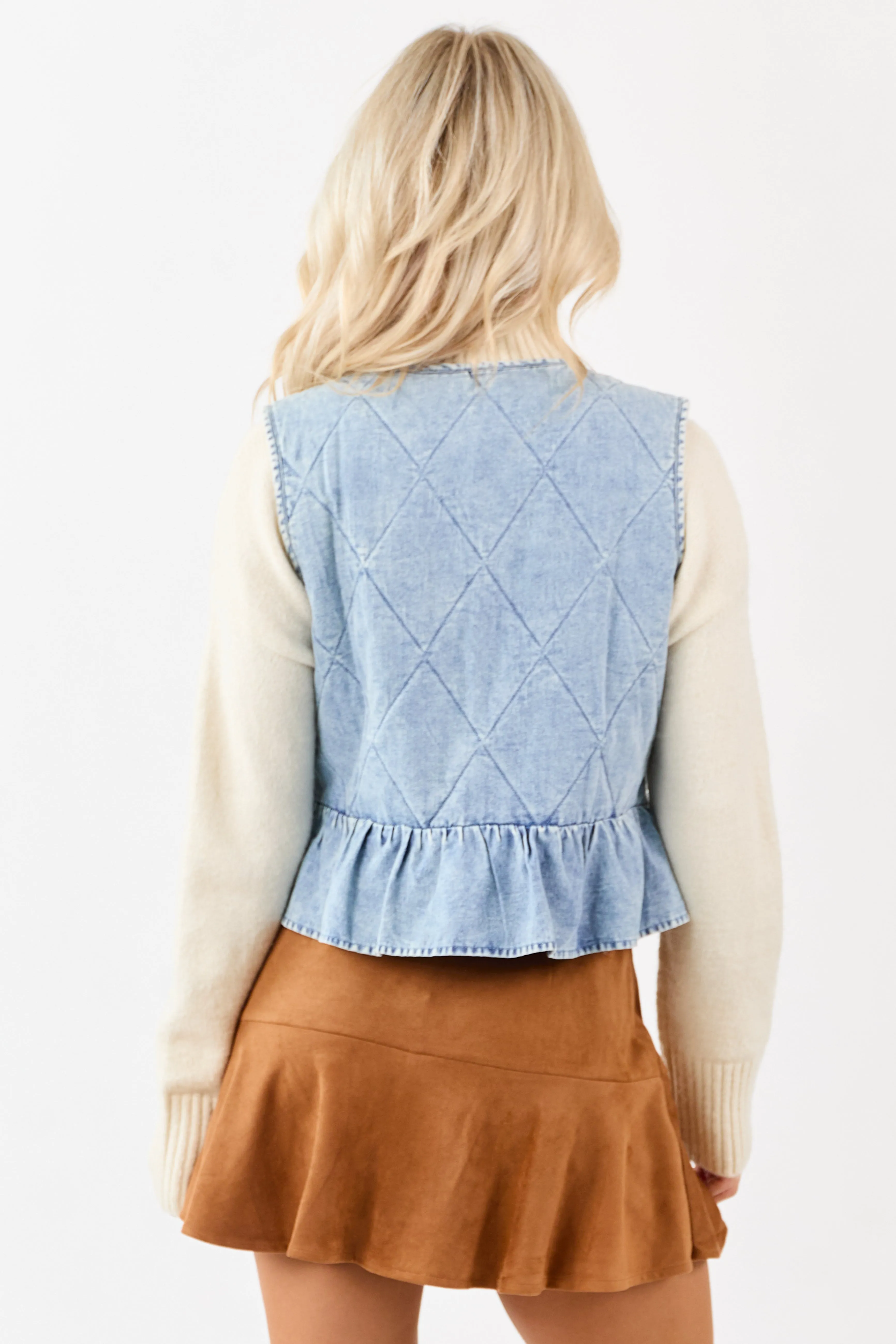 Light Wash Quilted Chambray Front Tie Vest sold by Lime Lush product image thumbnail 5
