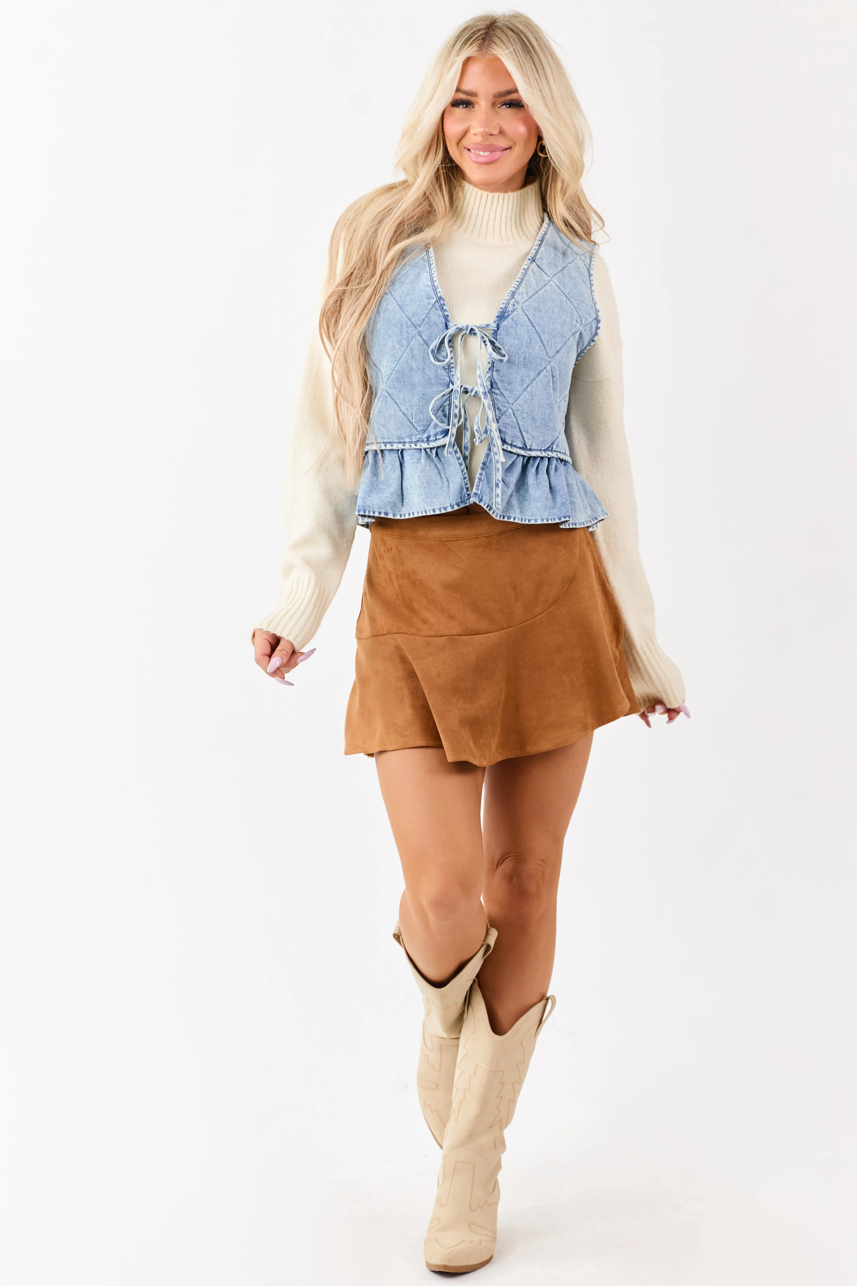 Light Wash Quilted Chambray Front Tie Vest sold by Lime Lush product image thumbnail 2