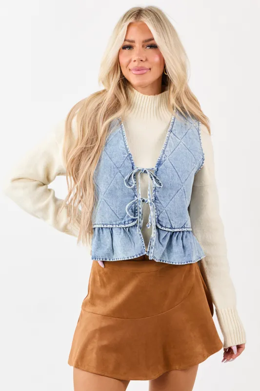 Light Wash Quilted Chambray Front Tie Vest sold by Lime Lush