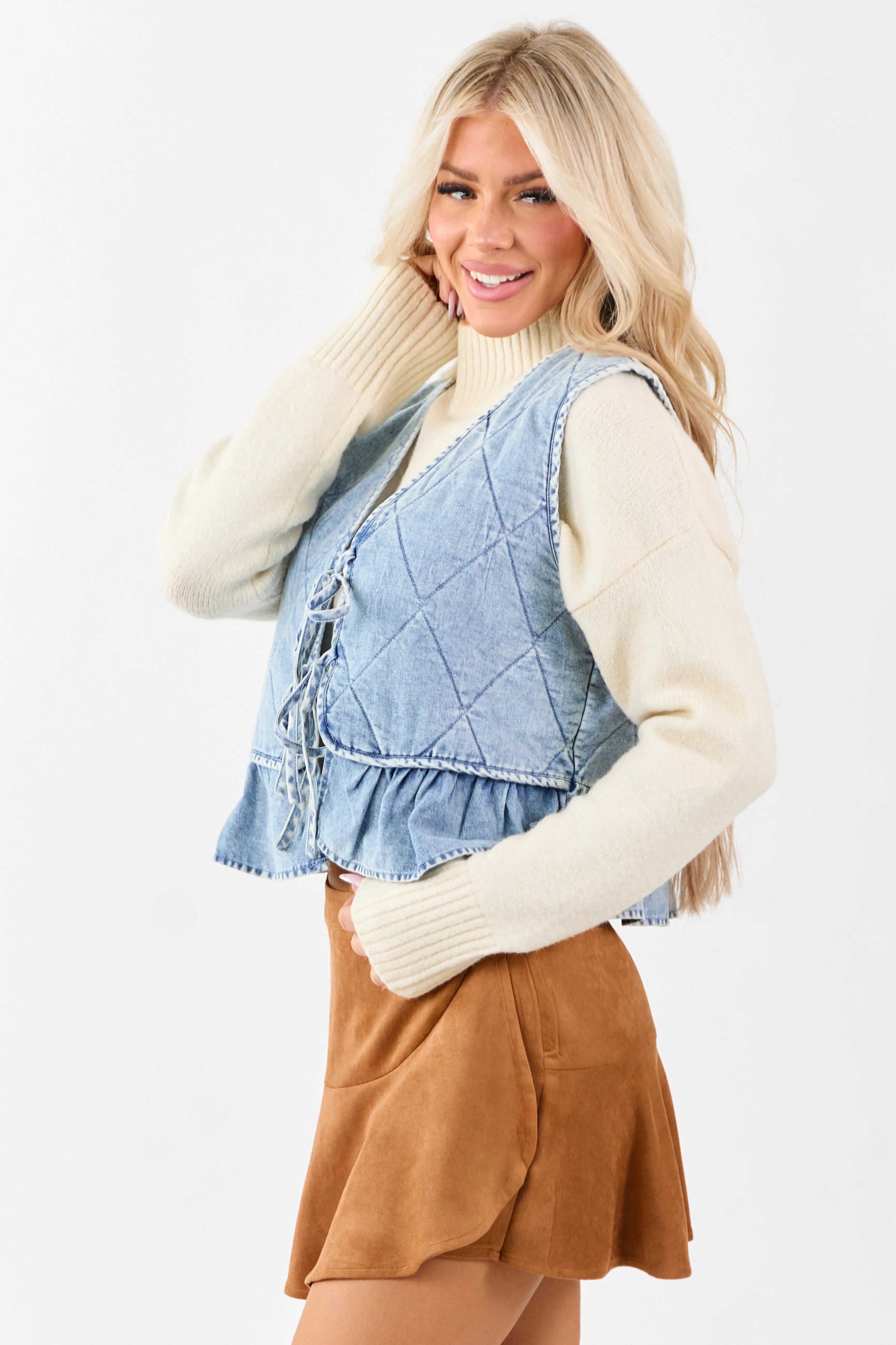 Light Wash Quilted Chambray Front Tie Vest sold by Lime Lush product image thumbnail 4
