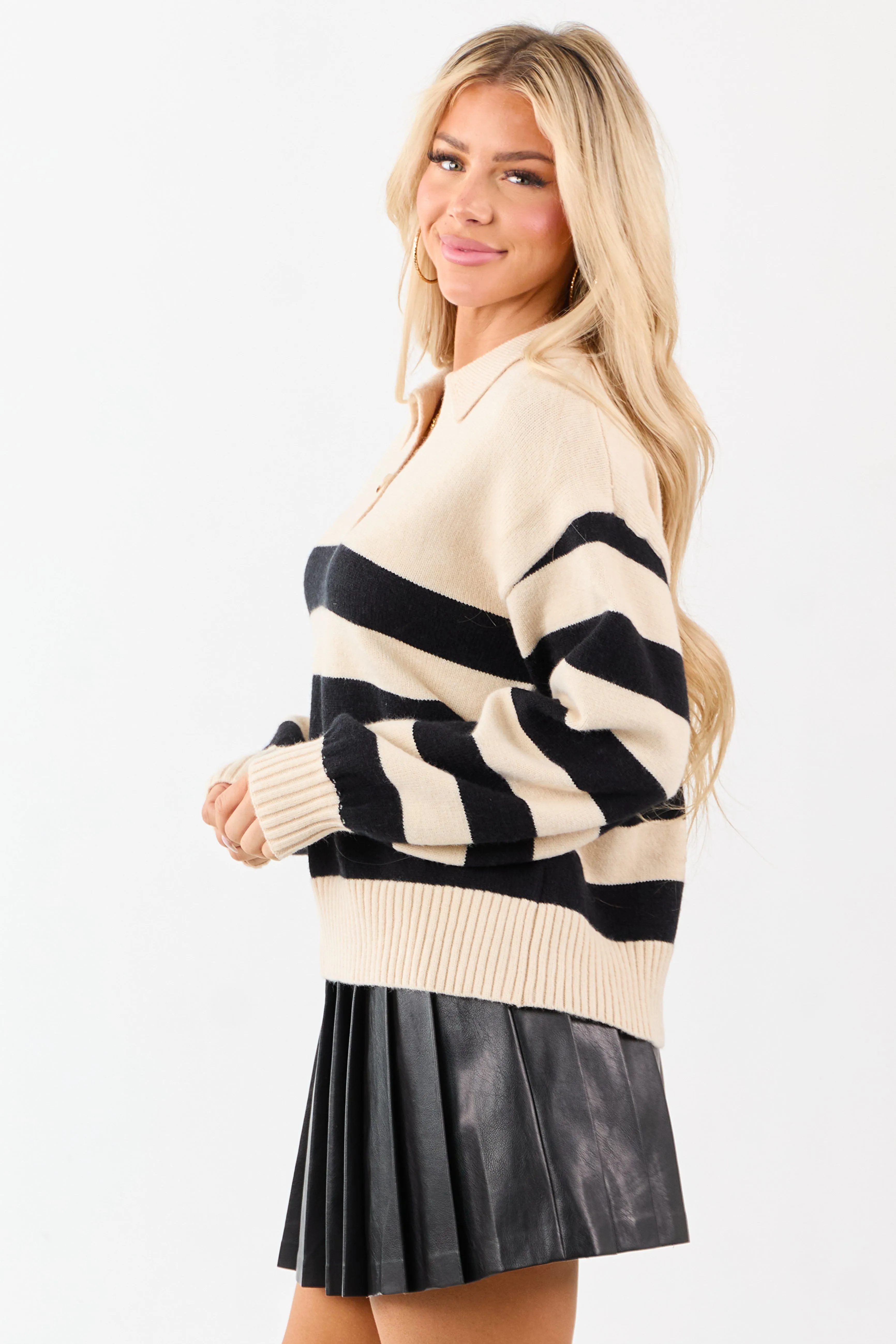 Cream and Black Striped Polo Style Sweater sold by Lime Lush product image thumbnail 5