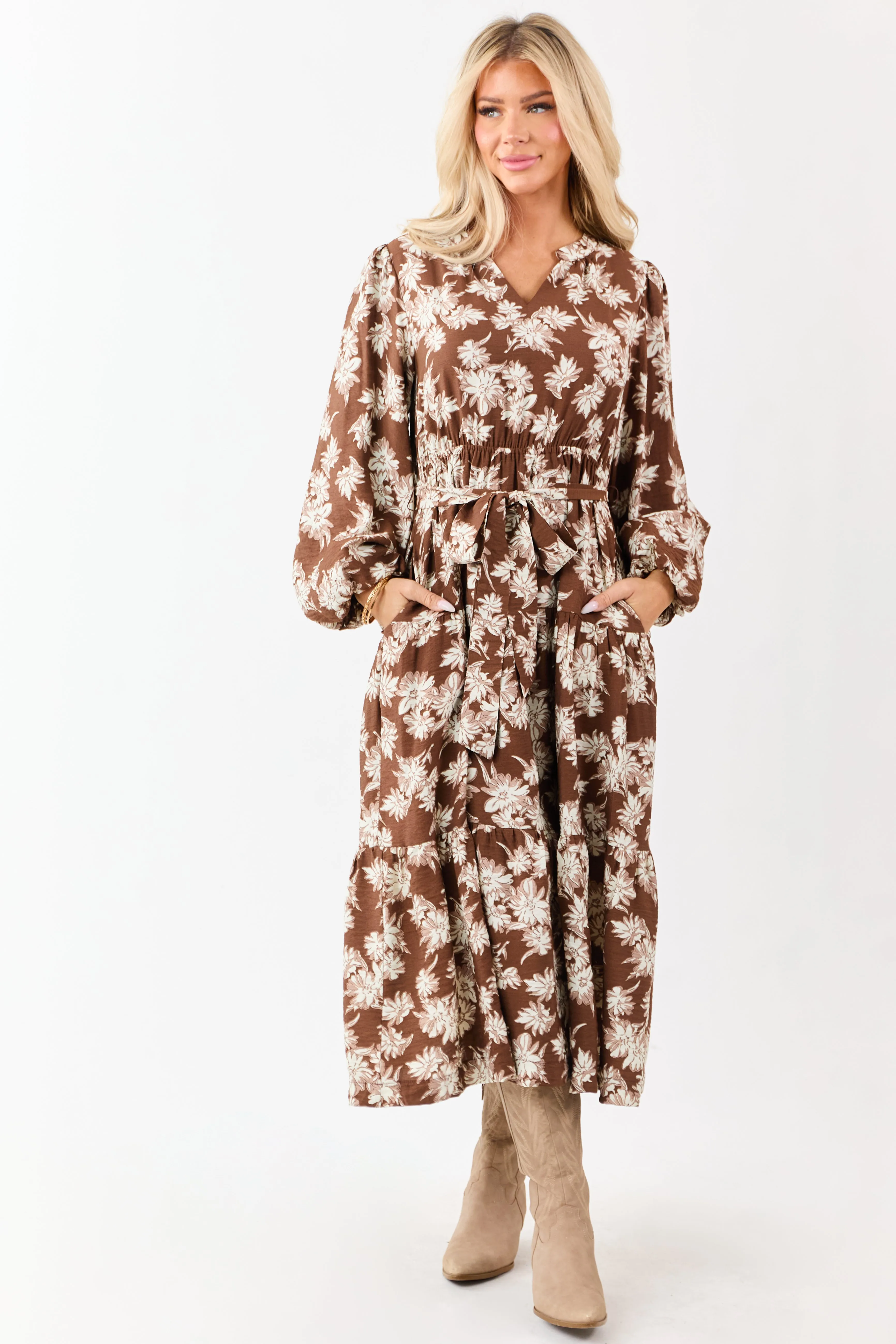 Light Cocoa Floral Waist Tie V-Neck Midi Dress sold by Lime Lush product image thumbnail 3