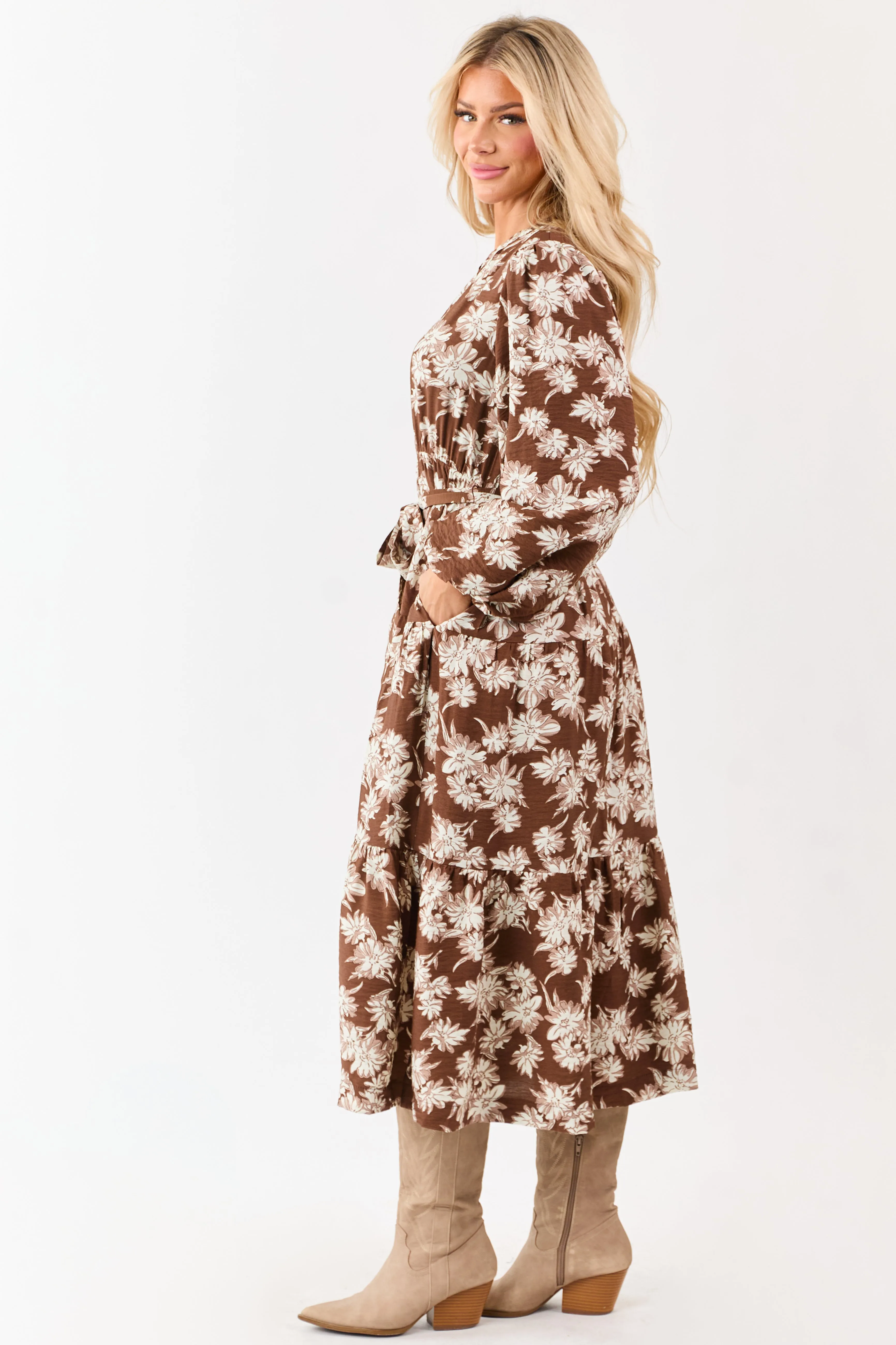 Light Cocoa Floral Waist Tie V-Neck Midi Dress sold by Lime Lush product image thumbnail 4
