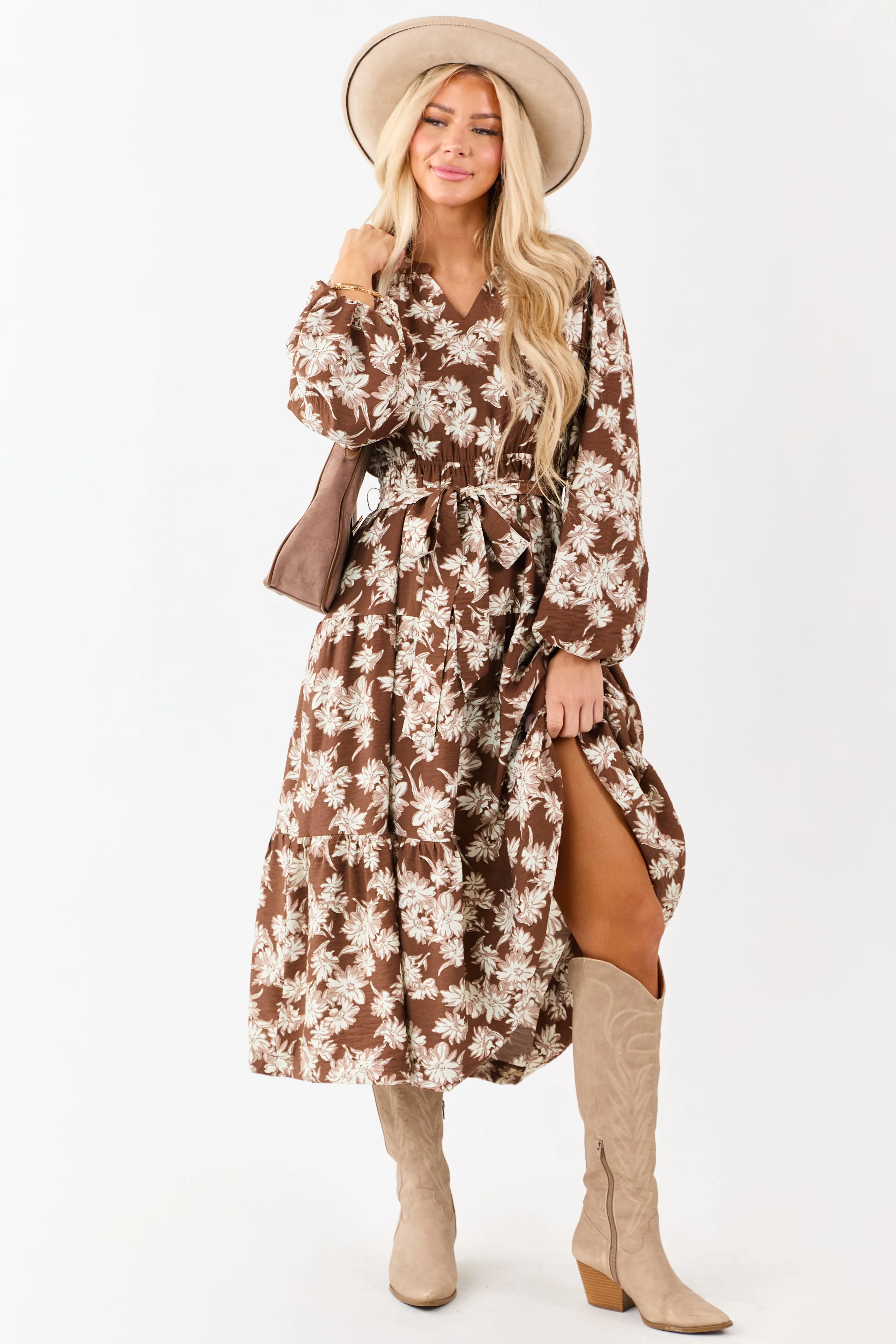 Light Cocoa Floral Waist Tie V-Neck Midi Dress sold by Lime Lush