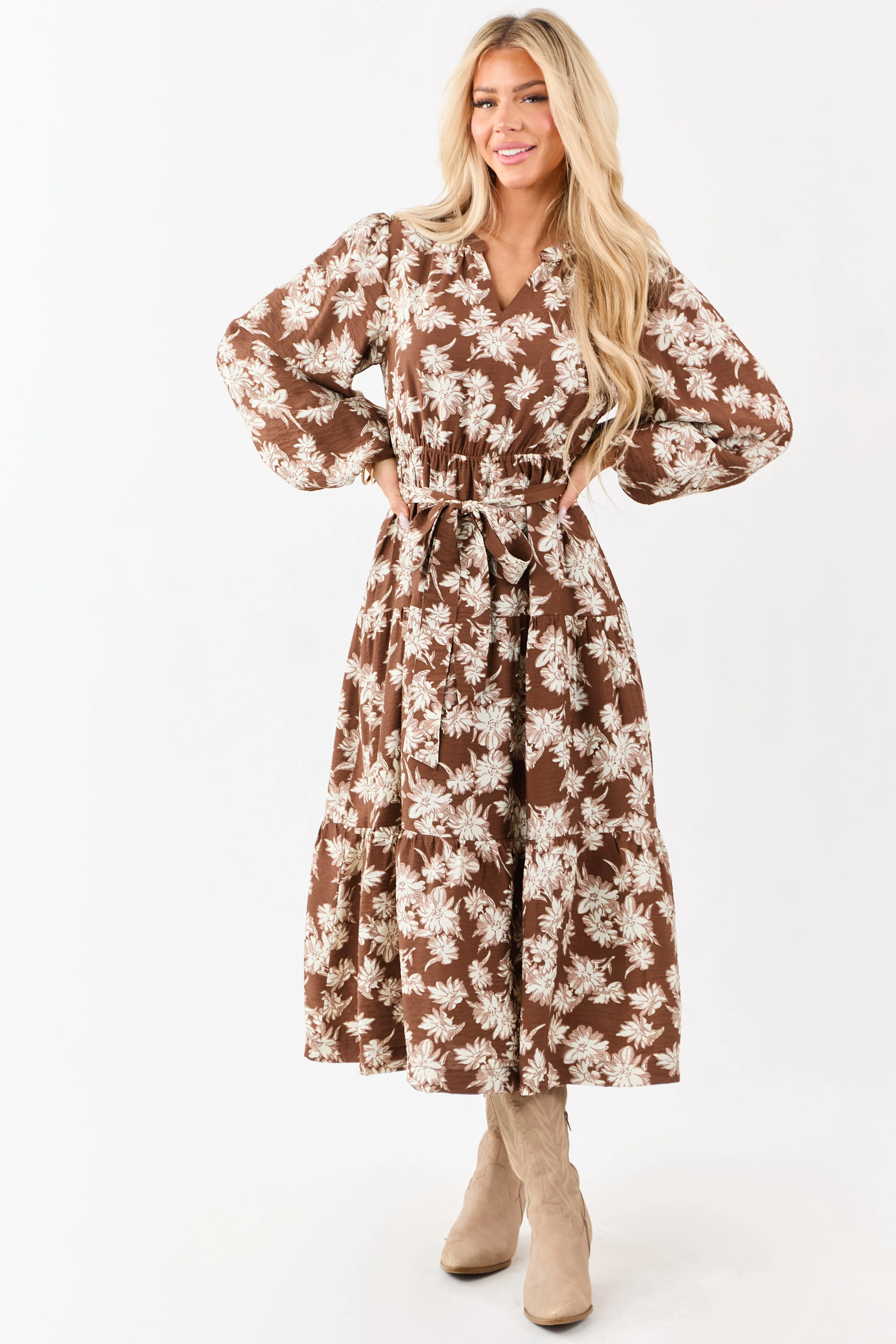 Light Cocoa Floral Waist Tie V-Neck Midi Dress sold by Lime Lush product image thumbnail 2