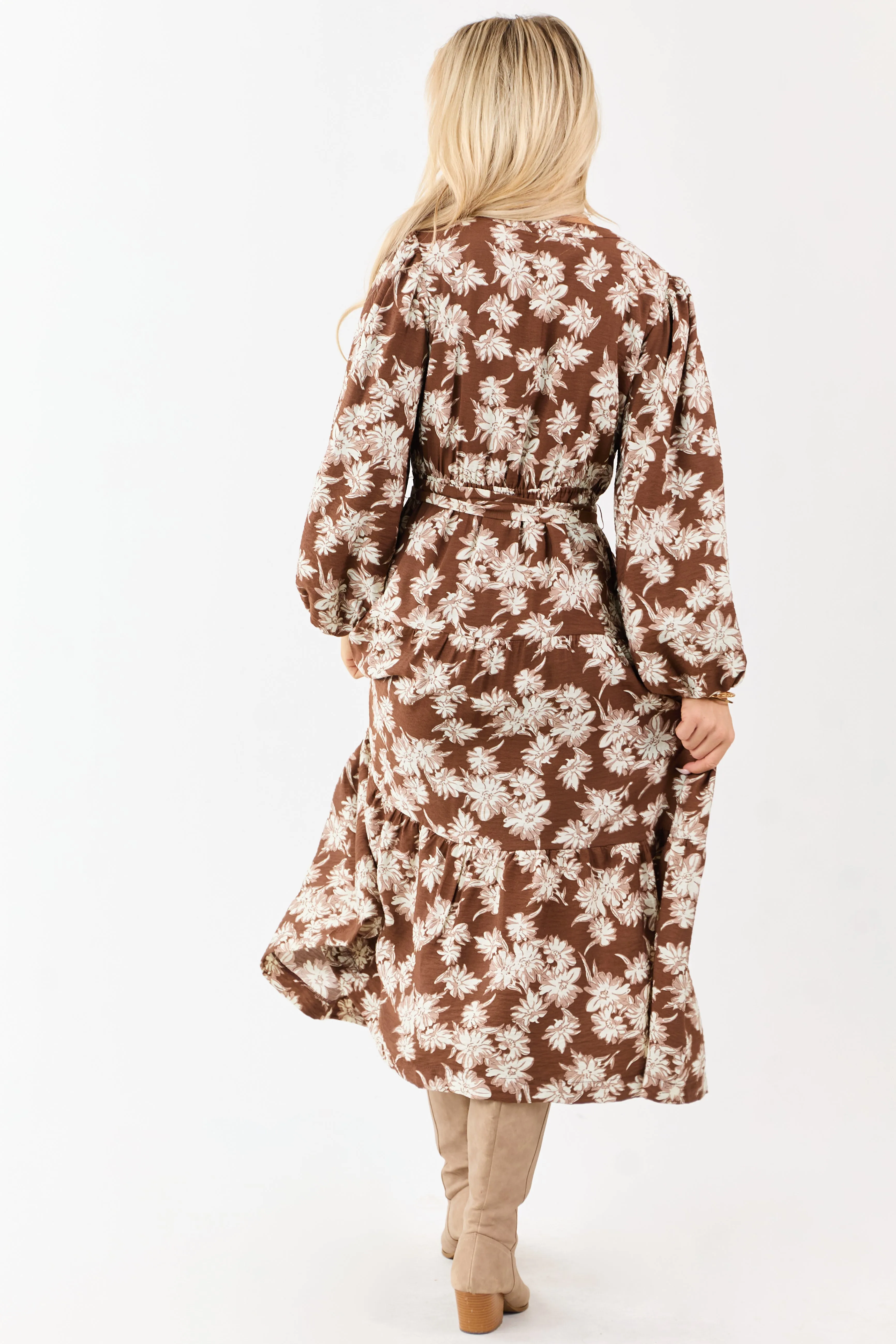 Light Cocoa Floral Waist Tie V-Neck Midi Dress sold by Lime Lush product image thumbnail 5