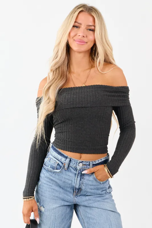Charcoal Off the Shoulder Long Sleeve Knit Top sold by Lime Lush