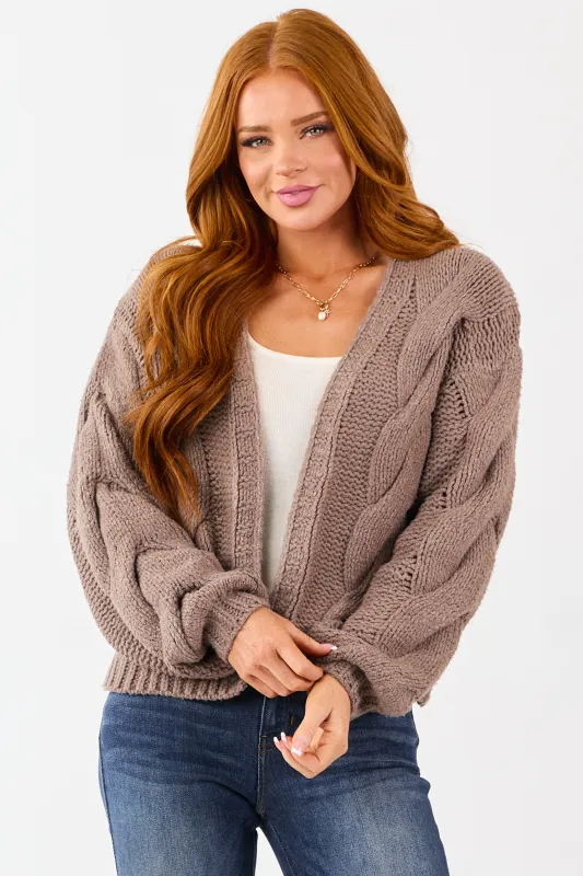 Mocha Soft Cable Knit Puff Sleeve Sweater Cardigan sold by Lime Lush