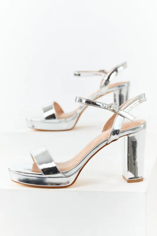 Silver Faux Leather Ankle Strap Platform Heels sold by Lime Lush