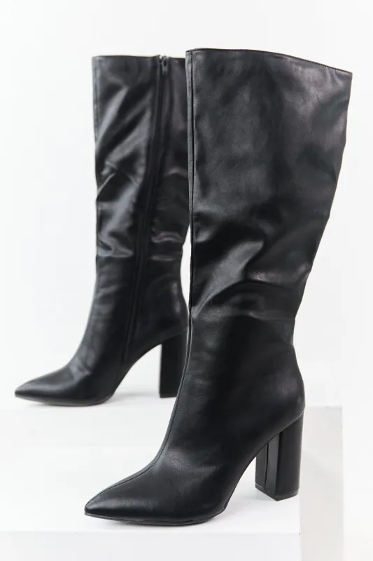 Black Faux Leather Pointed Toe Block Heel Tall Boots sold by Lime Lush