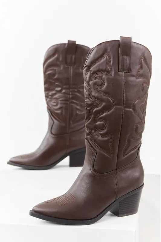 Chocolate Faux Leather Embroidered Cowboy Boots sold by Lime Lush