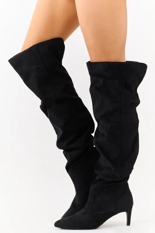 Black Faux Suede Low Stiletto Heel Slouchy Boots sold by Lime Lush