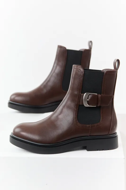 Chocolate Faux Leather Side Buckle Booties sold by Lime Lush