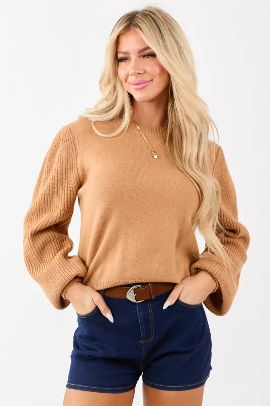 Copper Ribbed Knit Puff Long Sleeve Sweater sold by Lime Lush