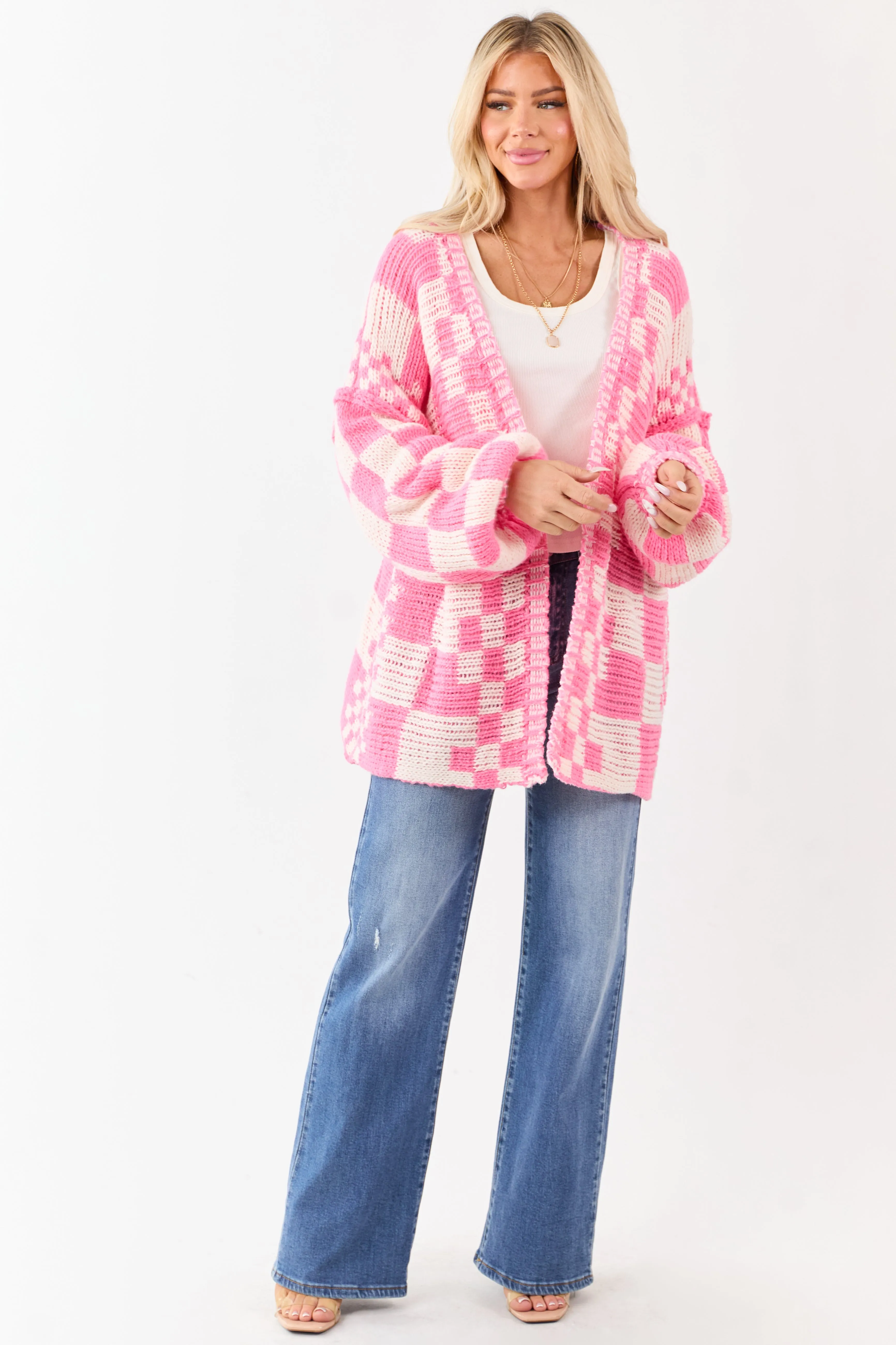 Bubblegum and Ivory Checkered Chunky Knit Cardigan sold by Lime Lush product image thumbnail 2