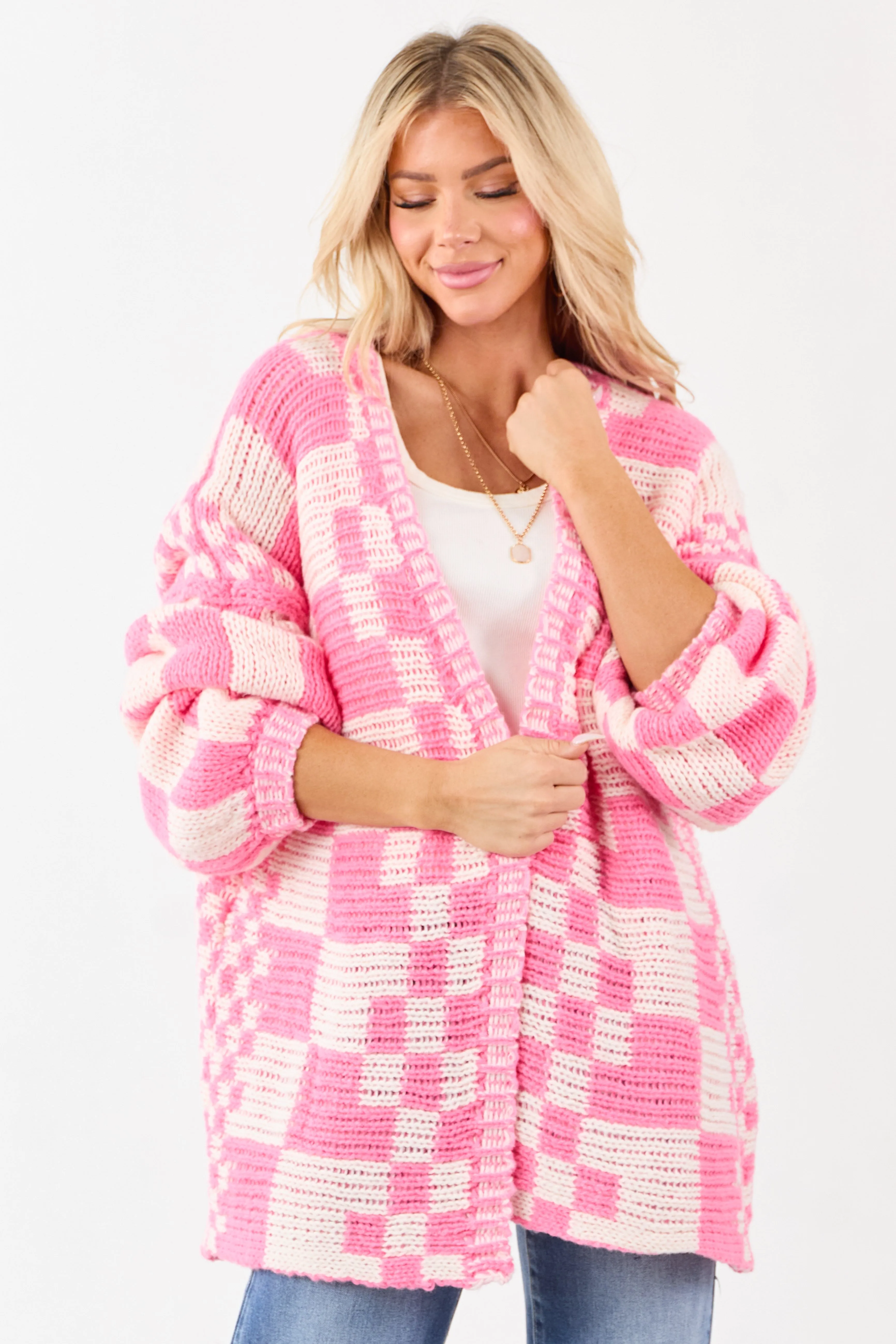 Bubblegum and Ivory Checkered Chunky Knit Cardigan sold by Lime Lush