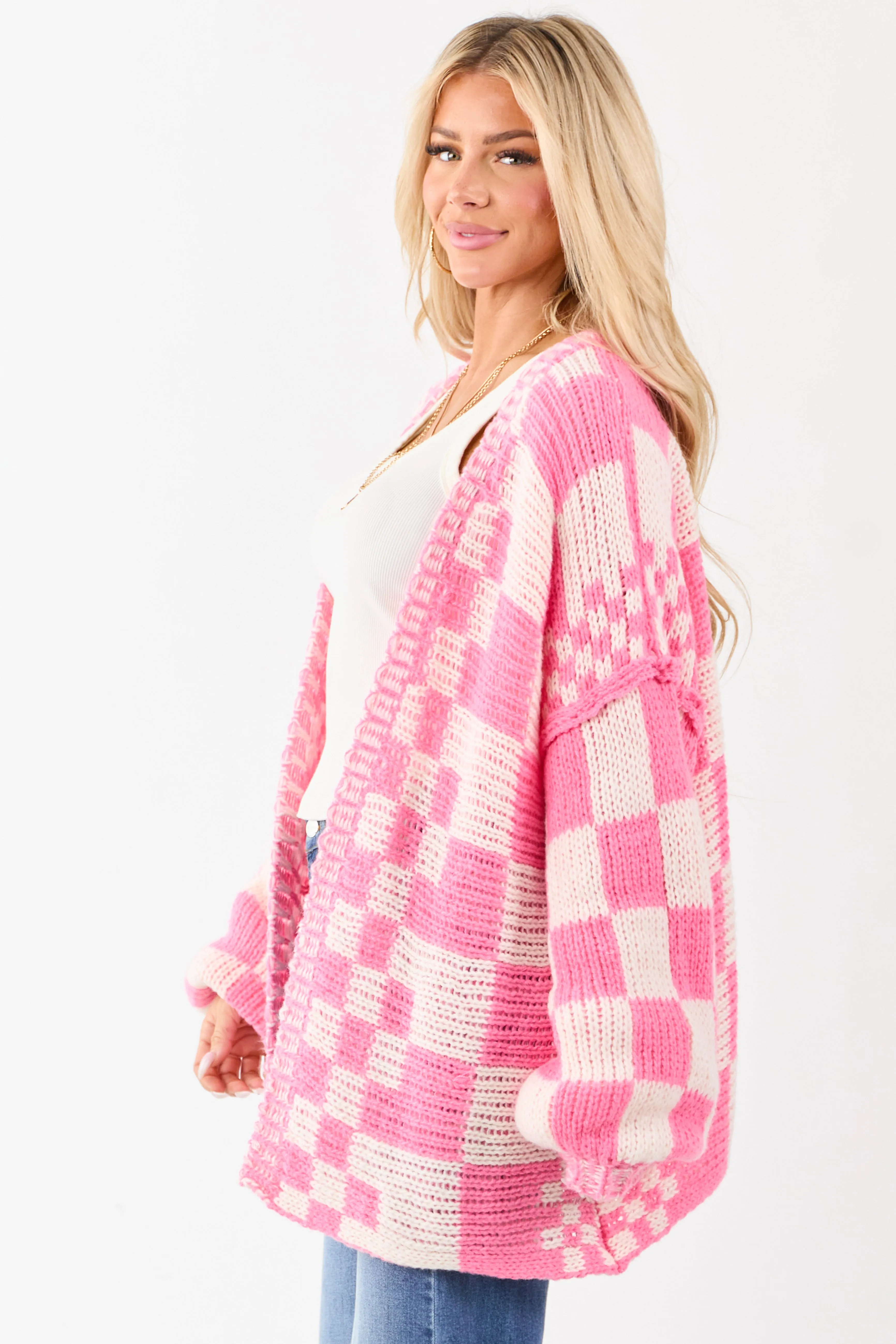 Bubblegum and Ivory Checkered Chunky Knit Cardigan sold by Lime Lush product image thumbnail 4