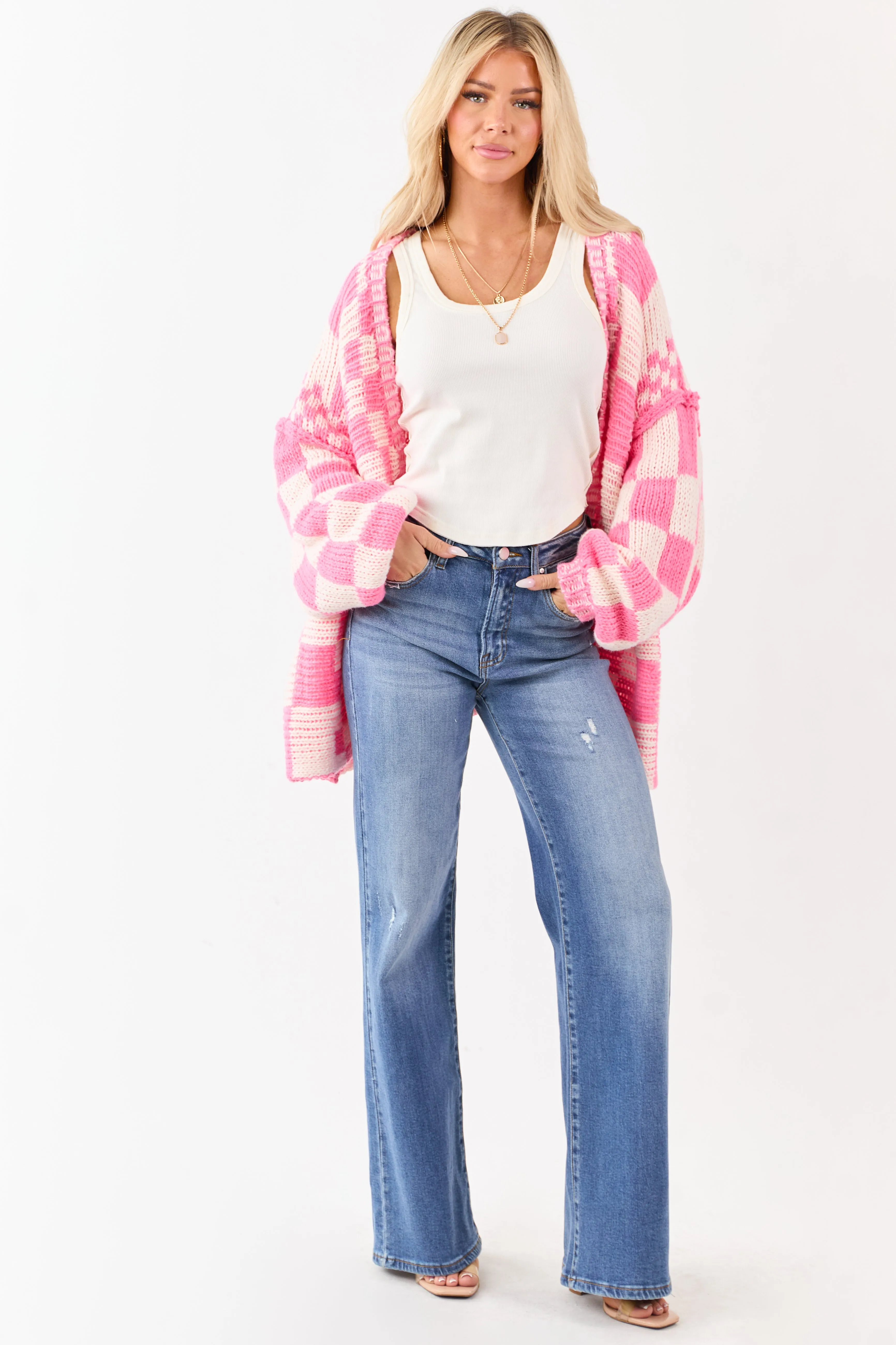 Bubblegum and Ivory Checkered Chunky Knit Cardigan sold by Lime Lush product image thumbnail 3