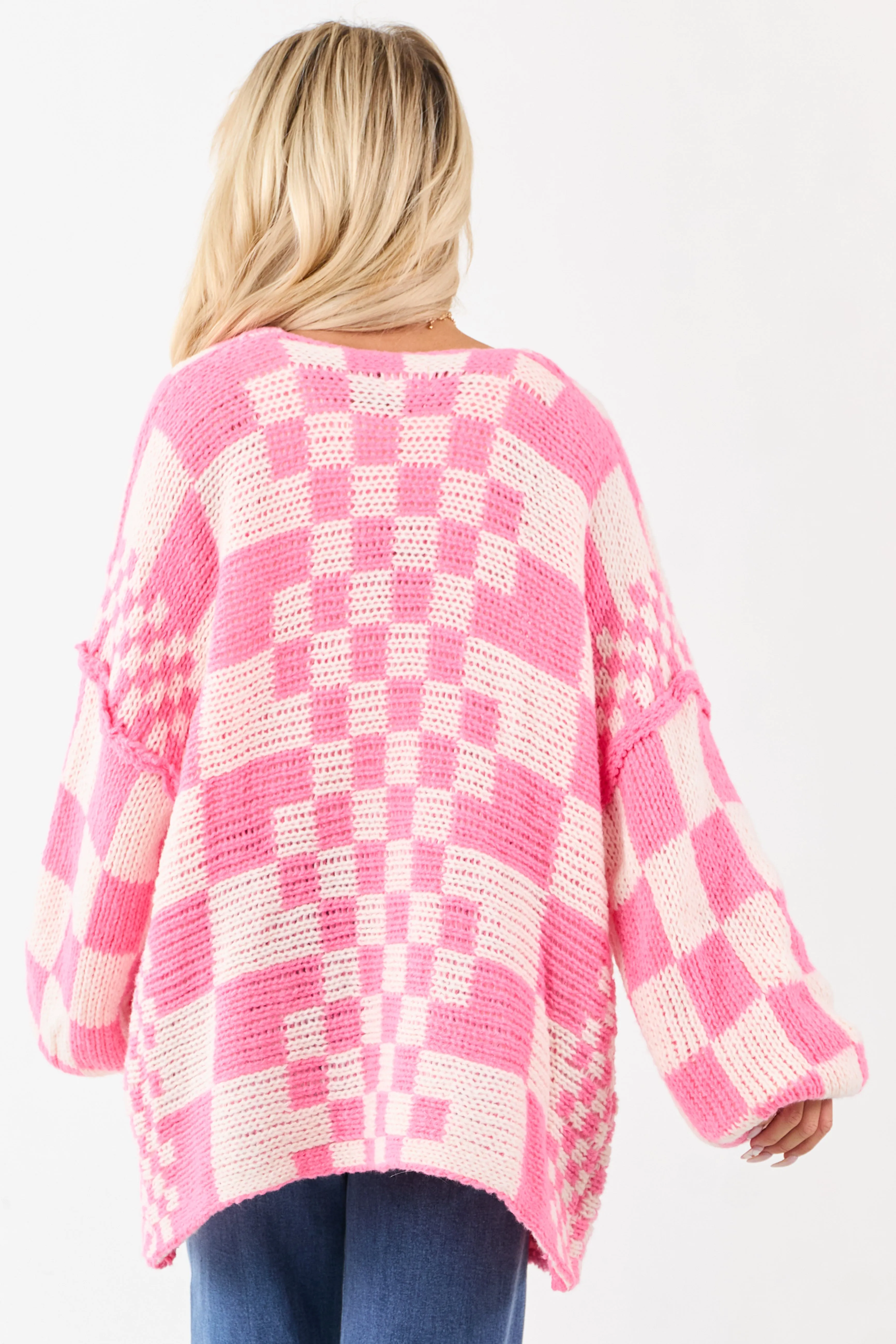 Bubblegum and Ivory Checkered Chunky Knit Cardigan sold by Lime Lush product image thumbnail 5